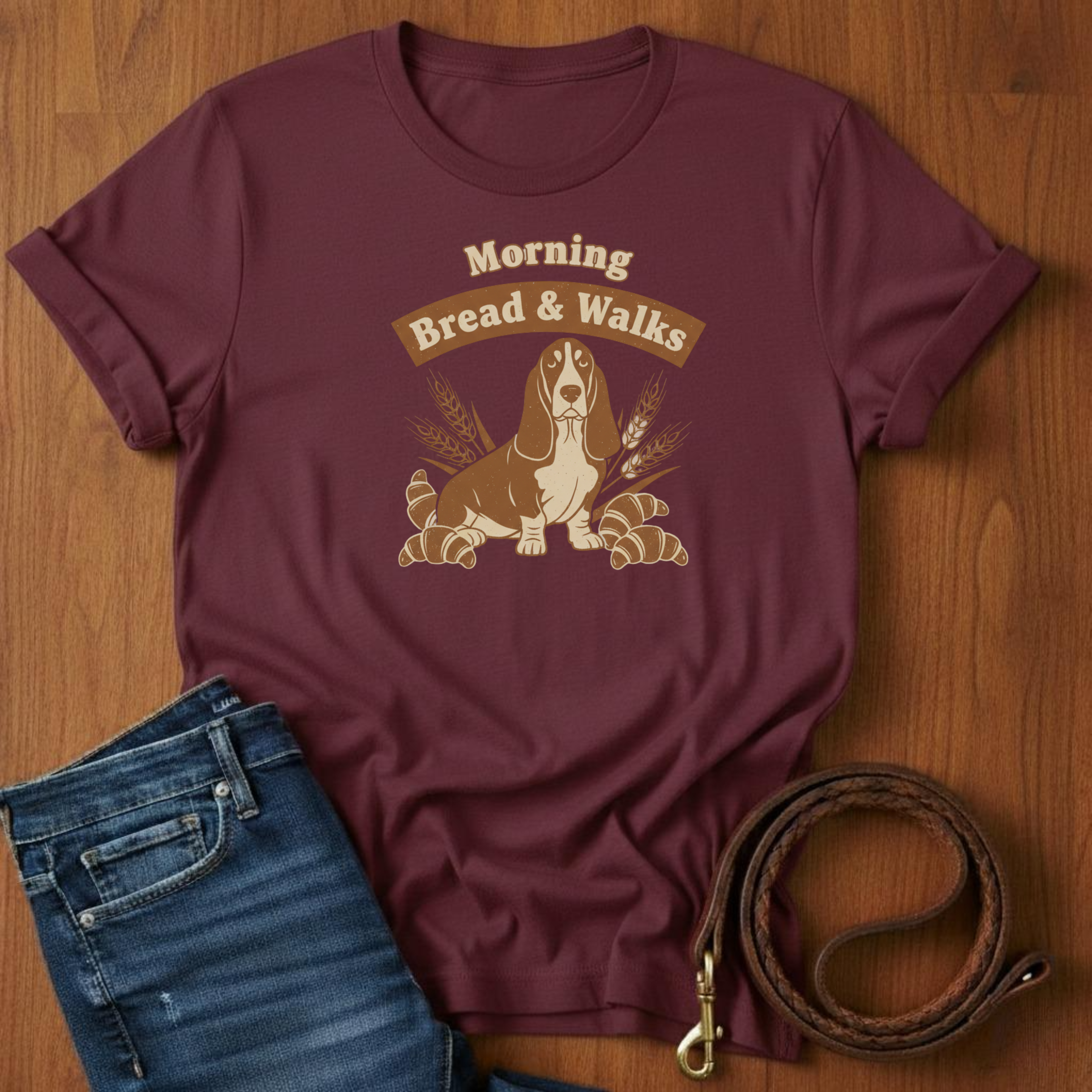 Morning Bread and Walks Basset Hound T-Shirt — Basset Hound lover t-shirt by Always My Dog