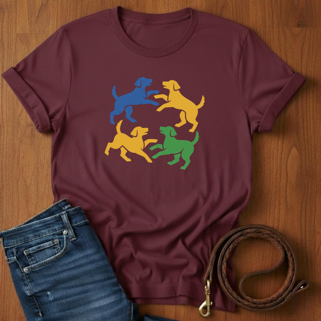 Four Dogs Playing T-Shirt — lifestyle shot — Always My Dog