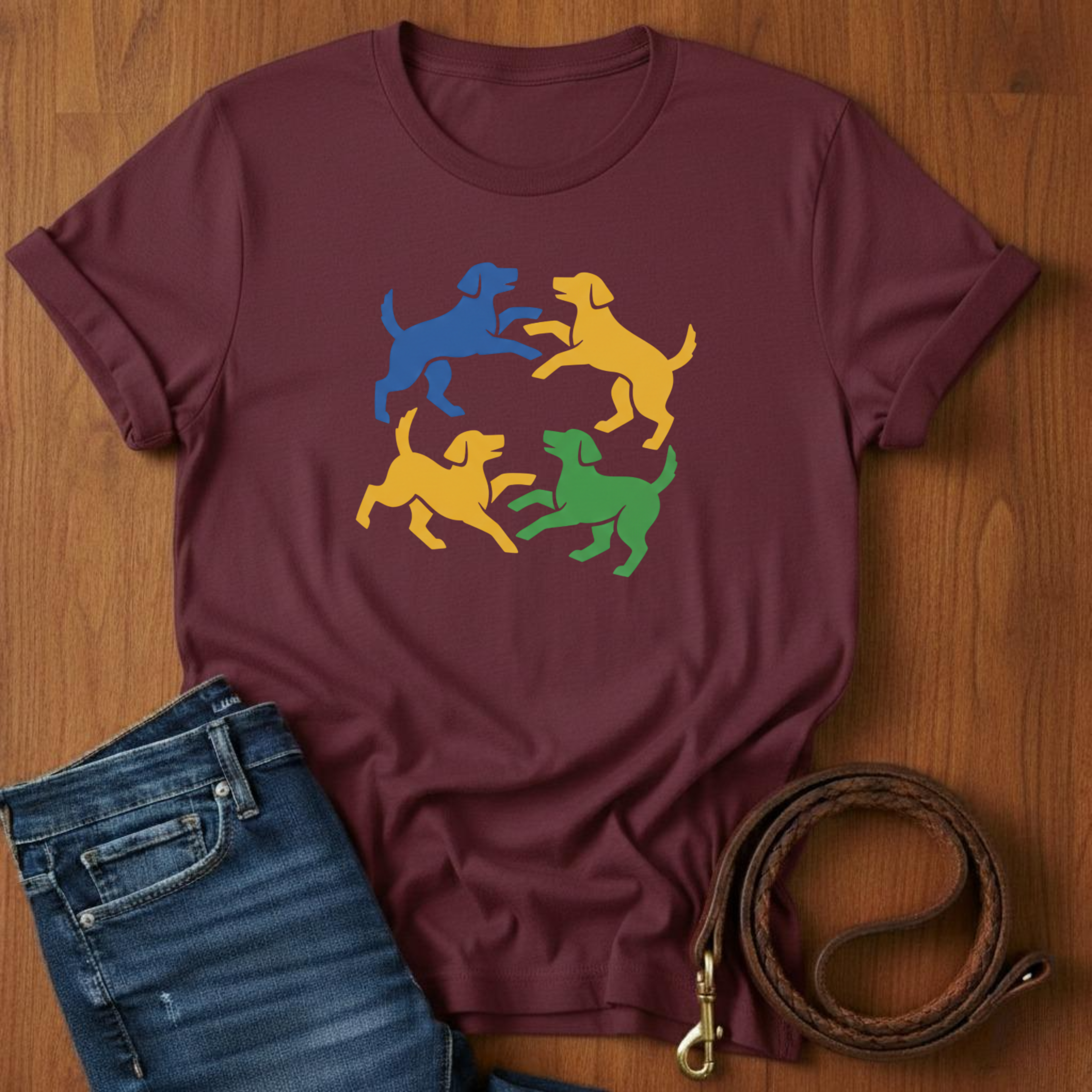 Four Dogs Playing T-Shirt — lifestyle shot — Always My Dog