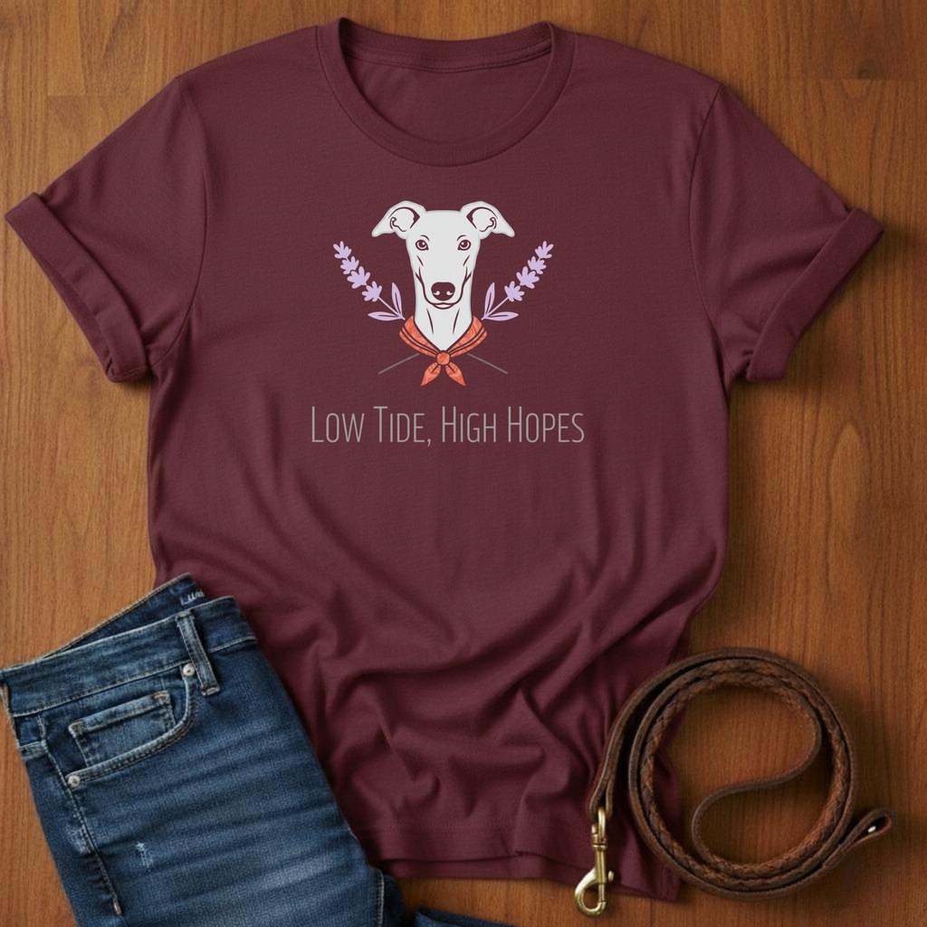 Low Tide.  High Hopes Greyhound T-Shirt — detail view — Always My Dog