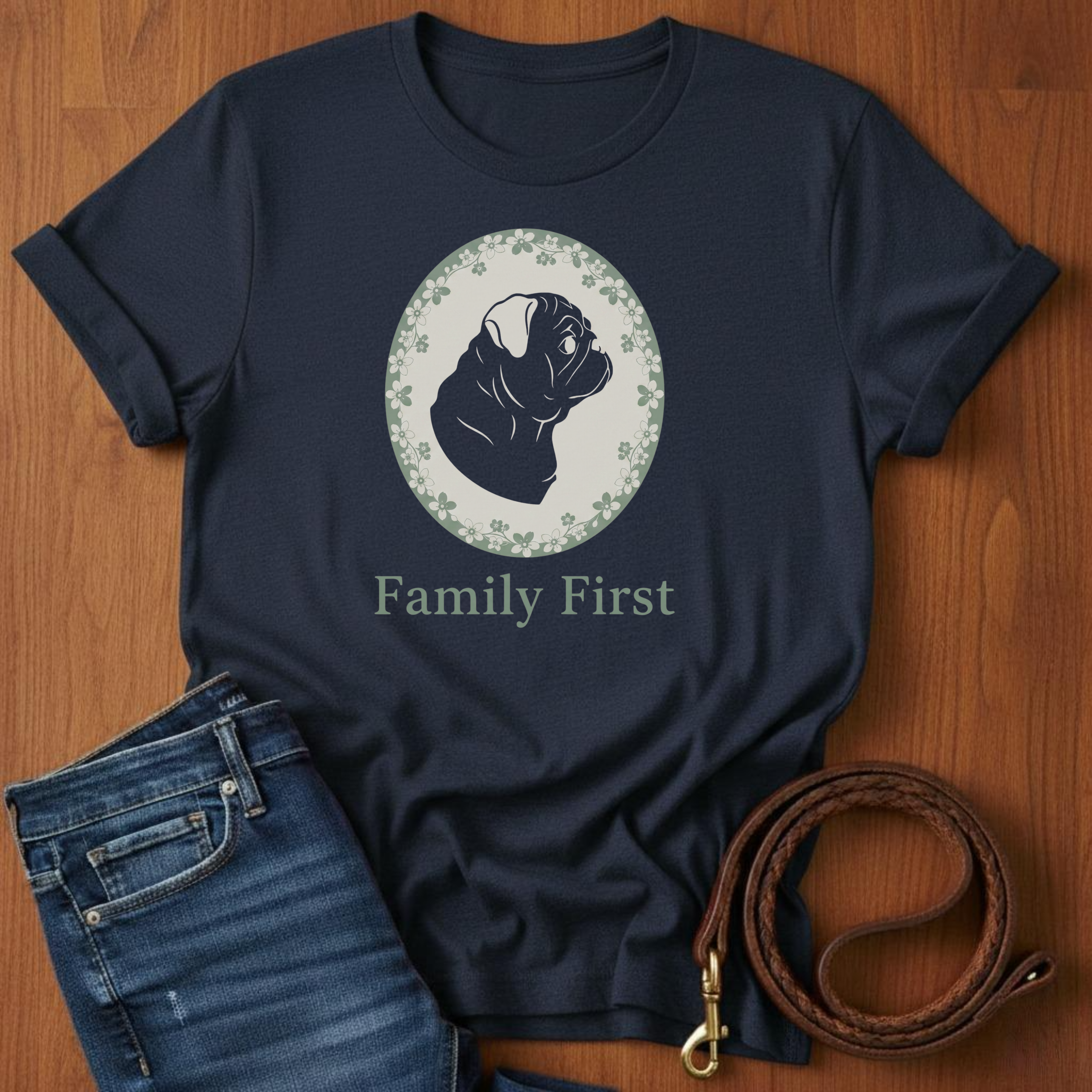 Family First Pug T-Shirt — detail view — Always My Dog
