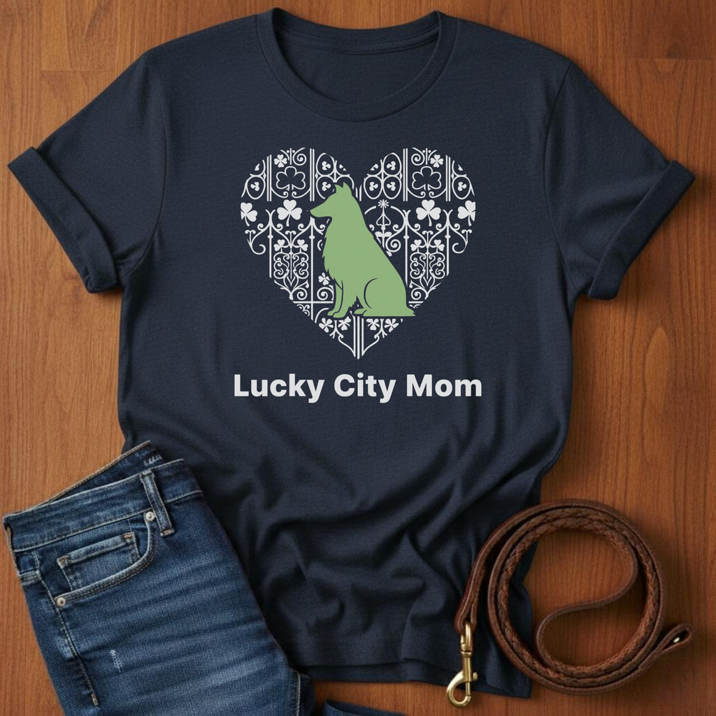 Lucky City Mom Sheltie T-Shirt — detail view — Always My Dog