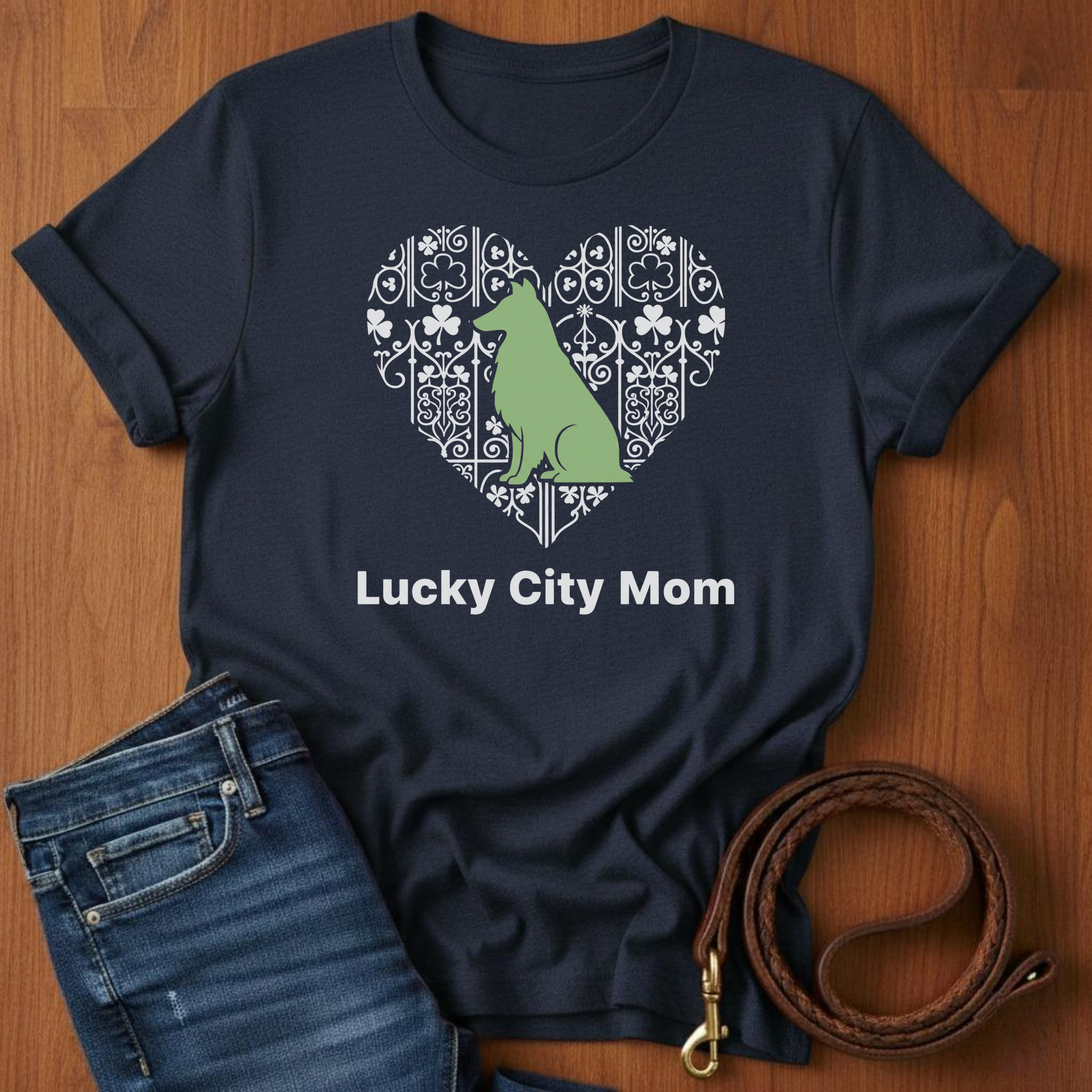 Lucky City Mom Sheltie T-Shirt — detail view — Always My Dog