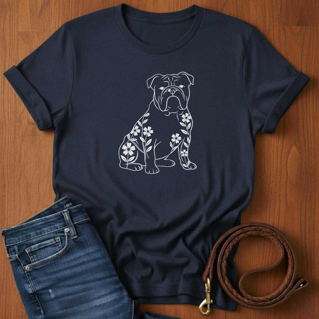 English Bulldog And Flowers T-Shirt — detail view — Always My Dog