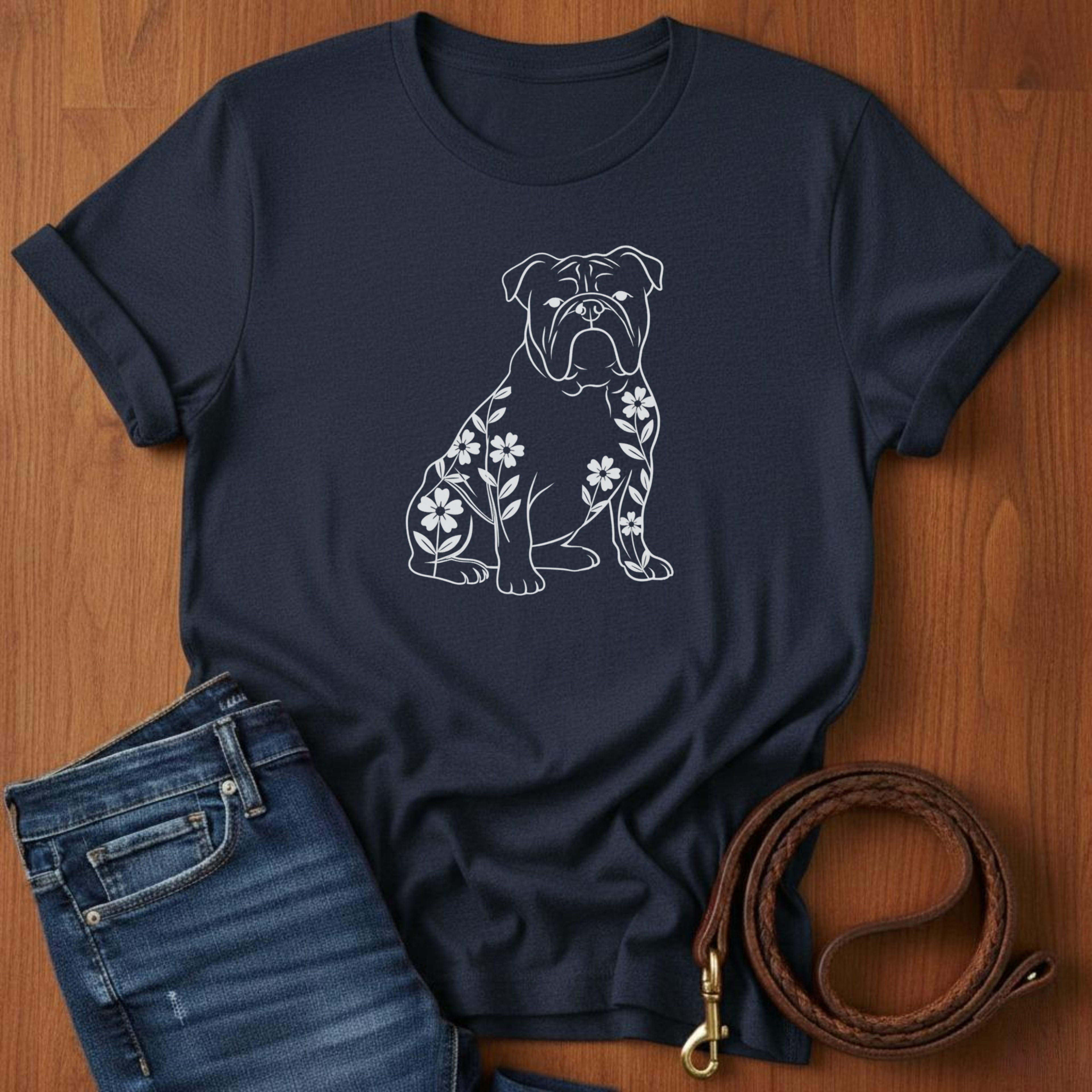 English Bulldog And Flowers T-Shirt — detail view — Always My Dog