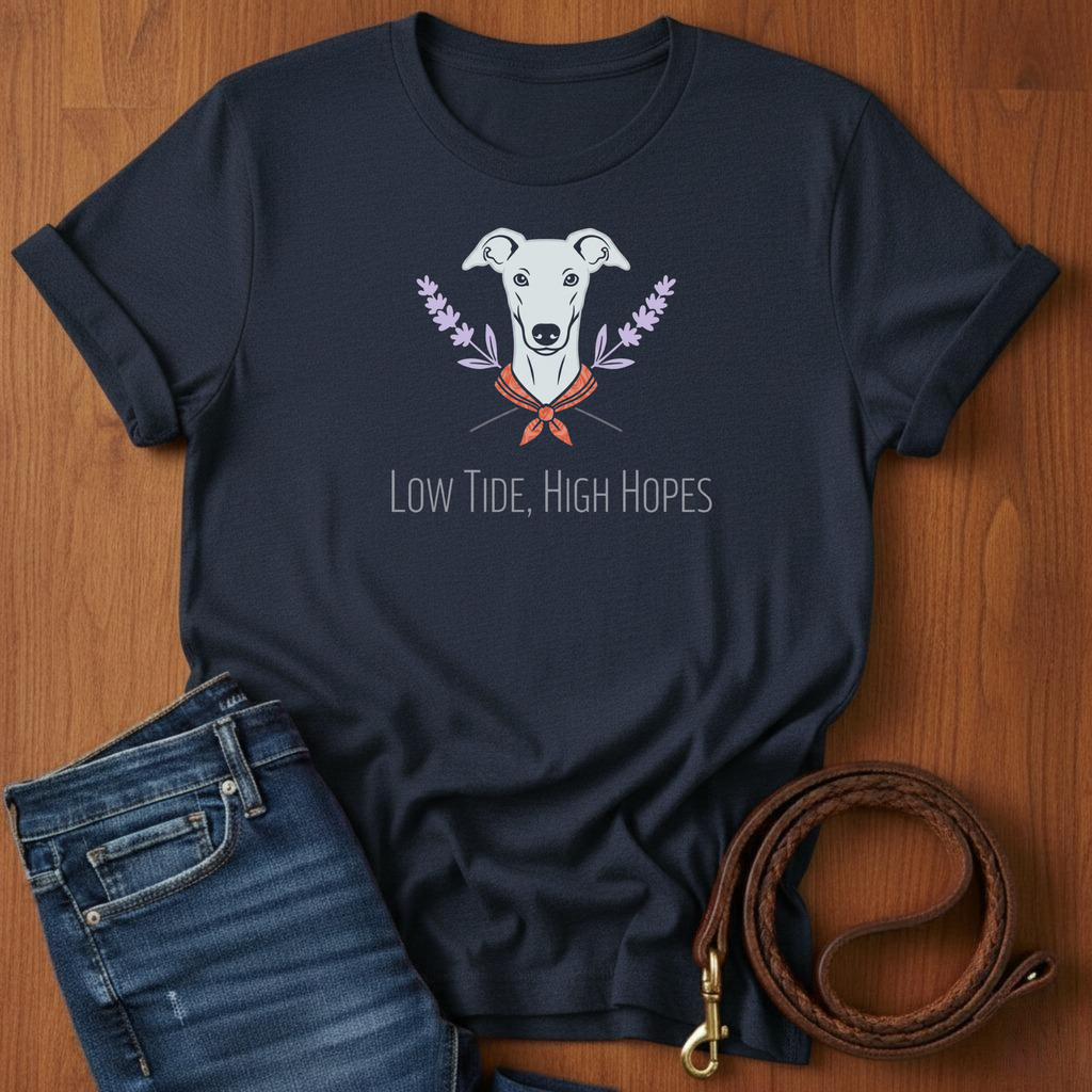 Low Tide.  High Hopes Greyhound T-Shirt — detail view — Always My Dog