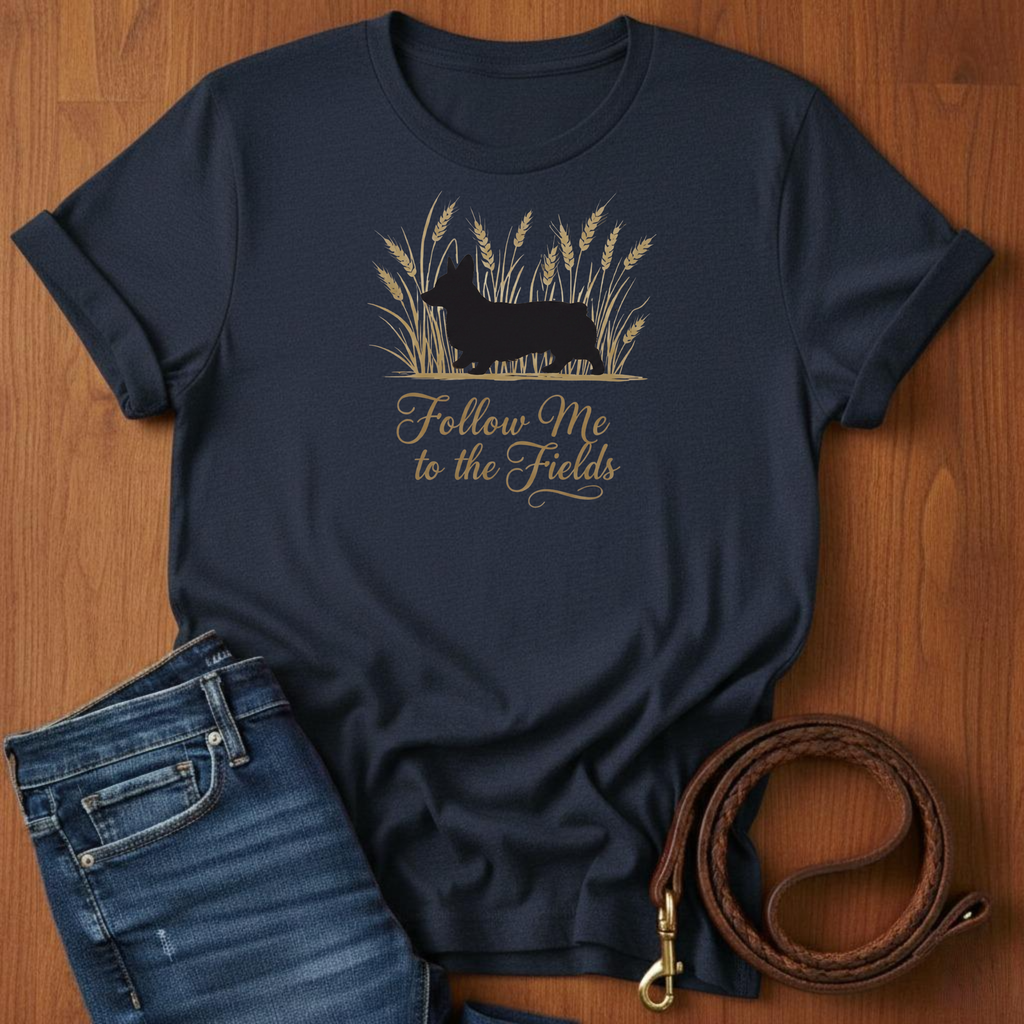 Follow Me To The Fields Corgi T-Shirt — detail view — Always My Dog