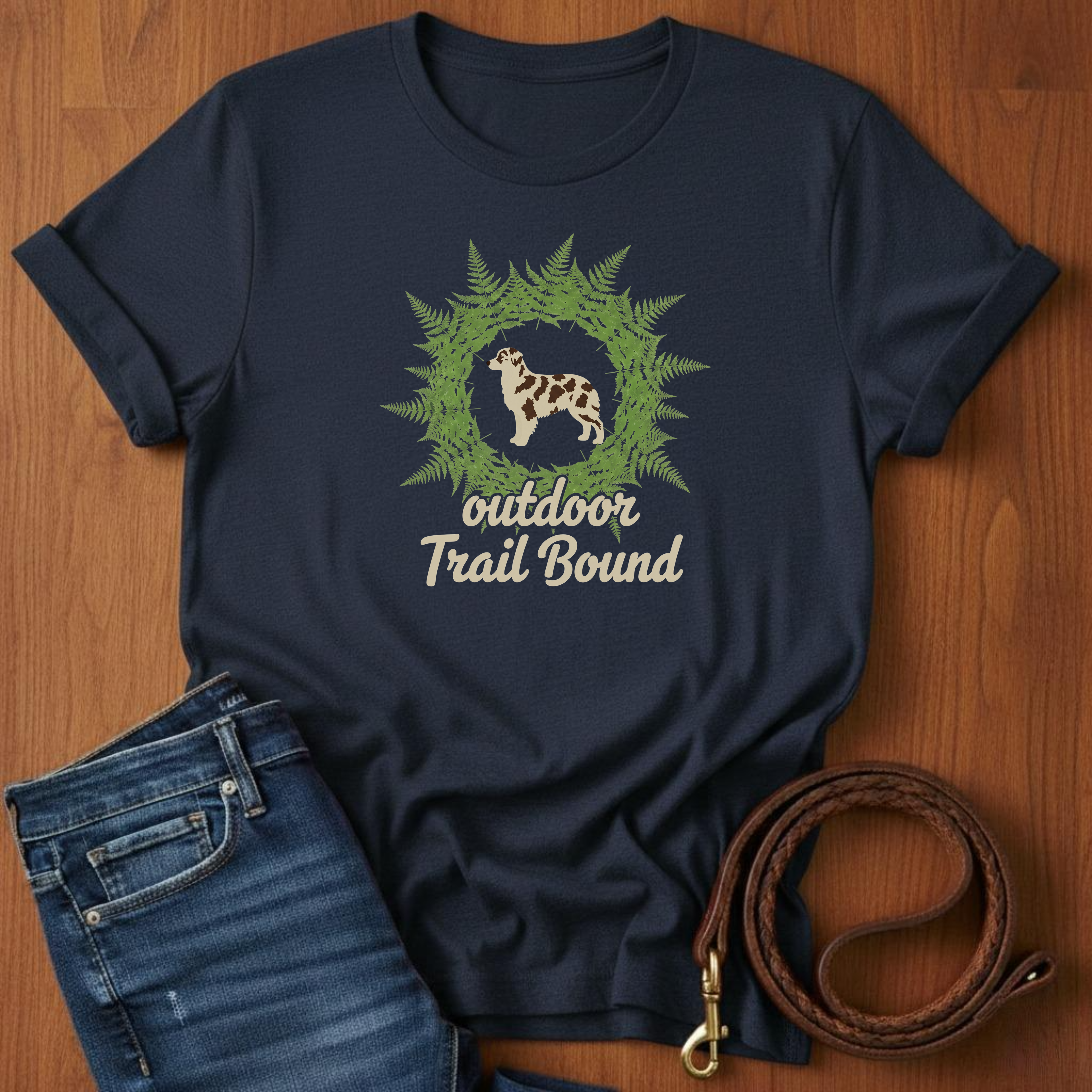 Outdoor Trail Bound Australian Shepherd T-Shirt — detail view — Always My Dog