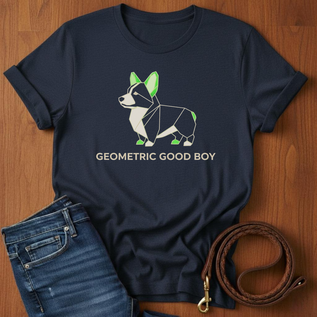 Geometric Good Boy Corgi T-Shirt — detail view — Always My Dog