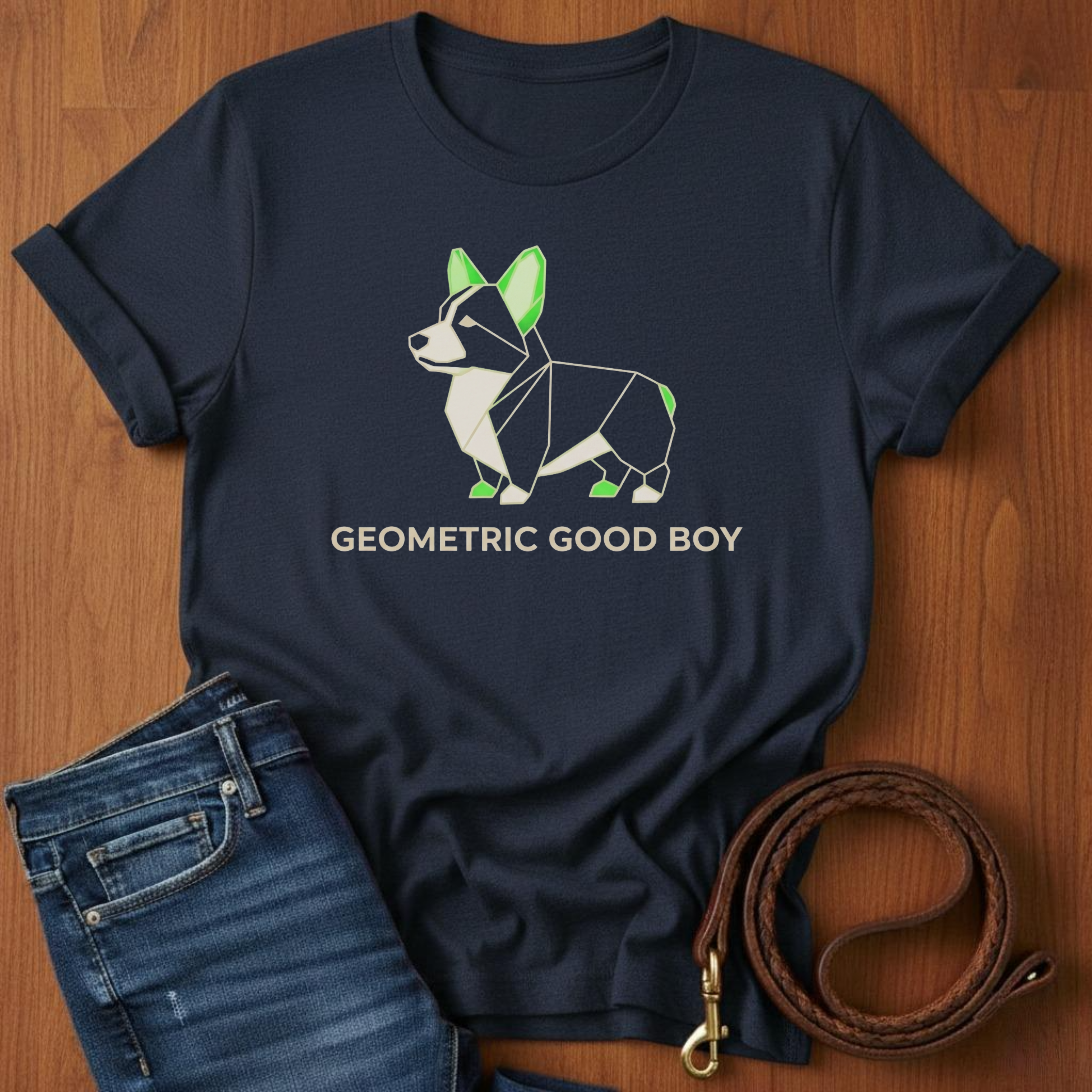 Geometric Good Boy Corgi T-Shirt — detail view — Always My Dog