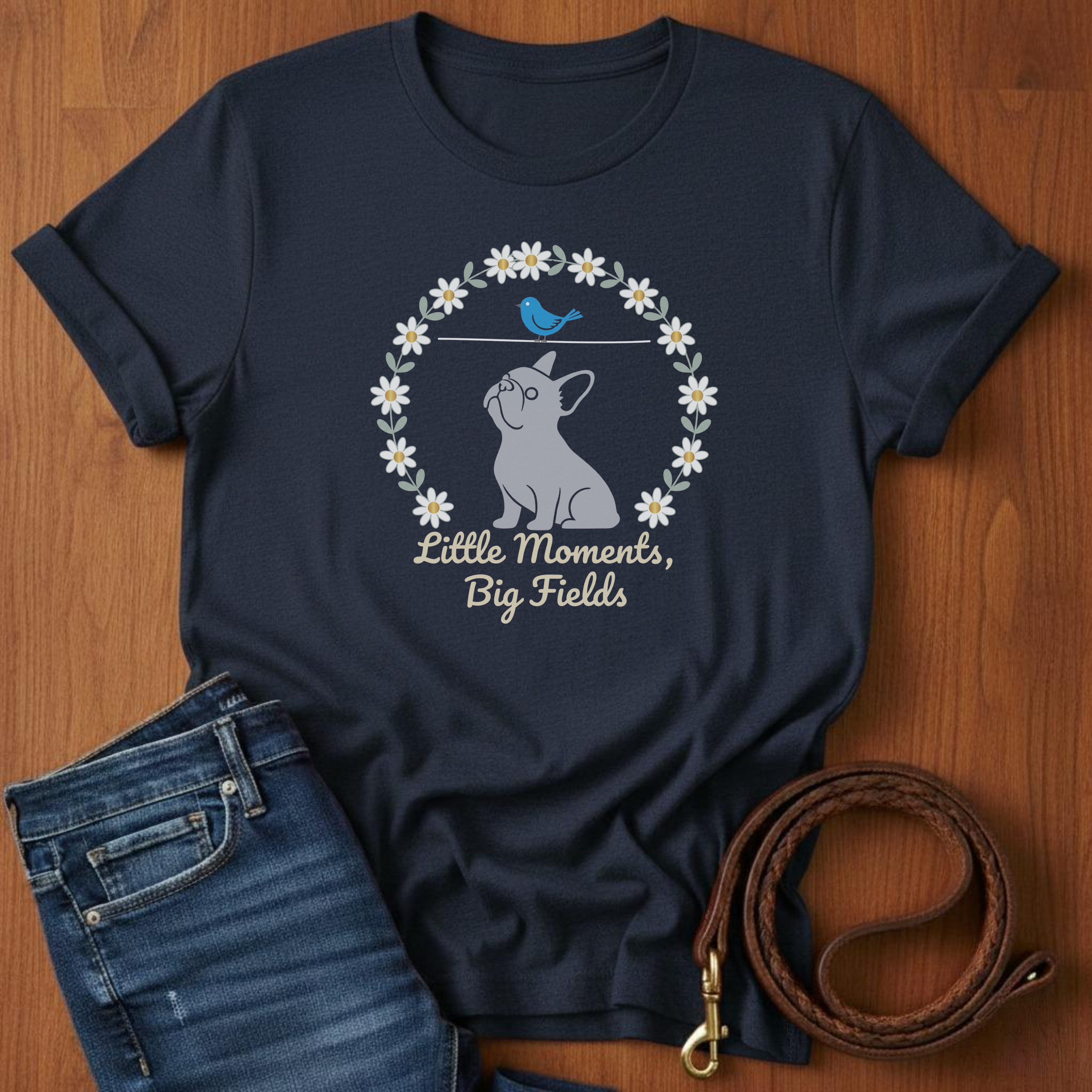Little Moments, Big Fields French Bulldog T-Shirt — detail view — Always My Dog