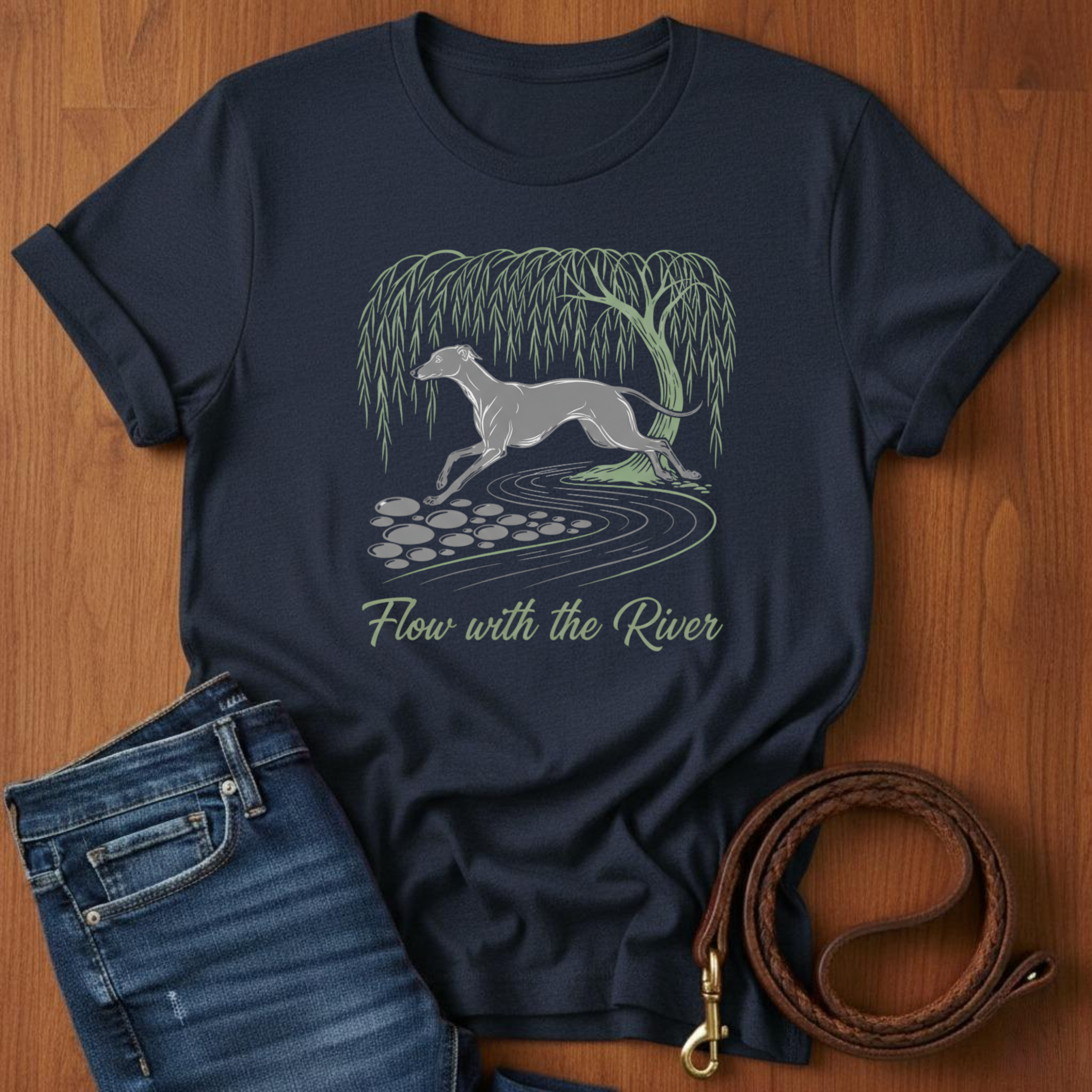 Flow With The River Greyhound T-Shirt — detail view — Always My Dog
