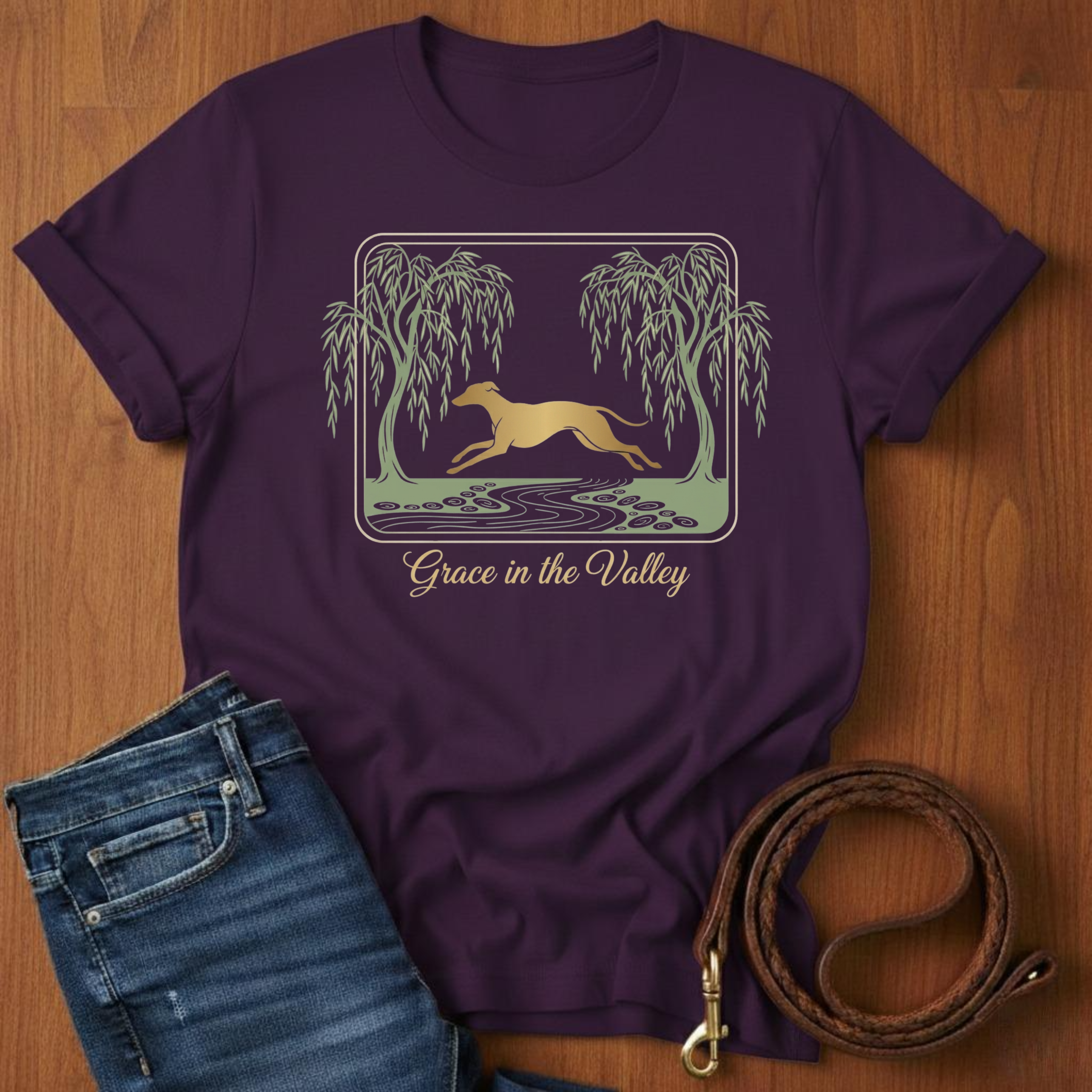 Grace in the Valley Greyhound T-Shirt — close-up — Always My Dog