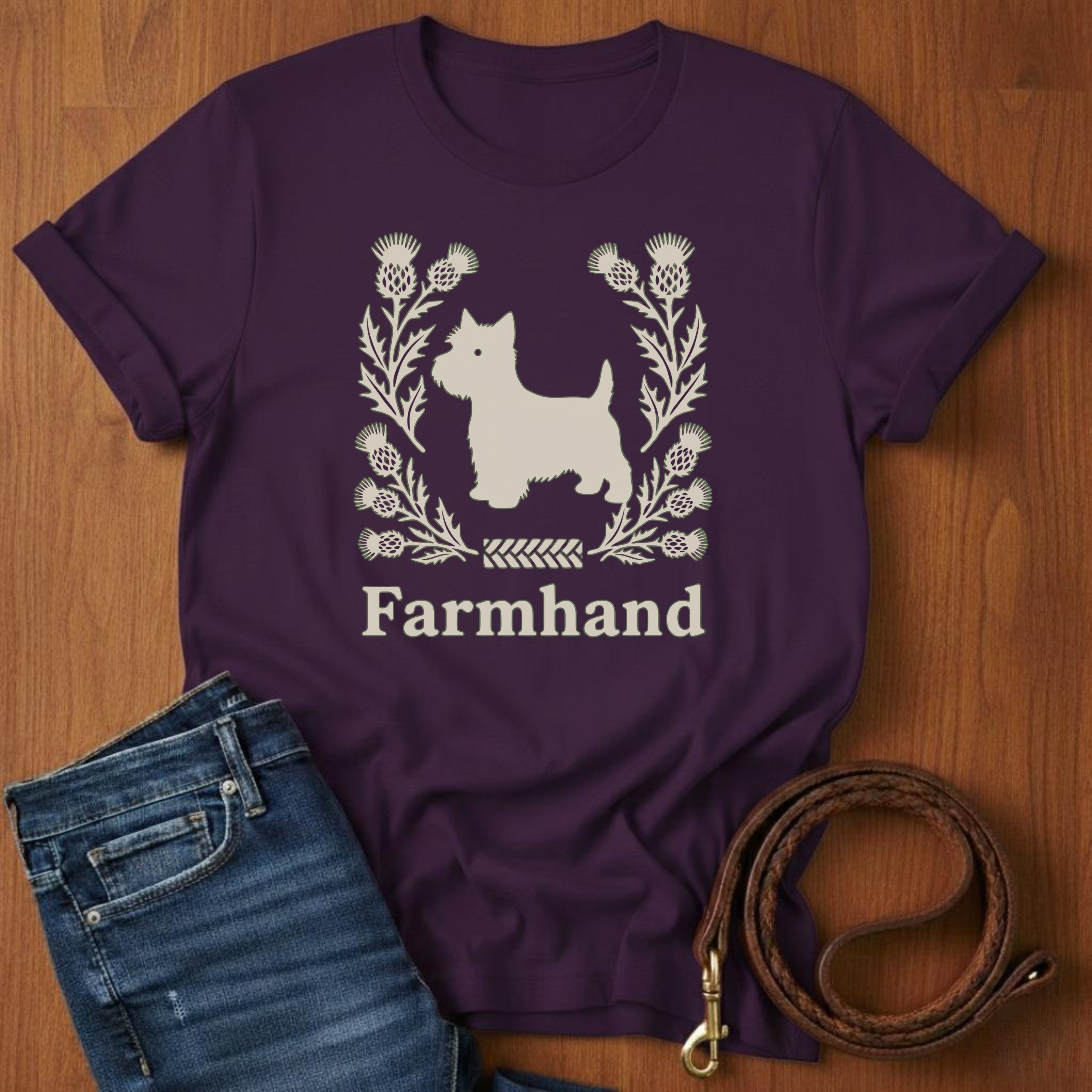 Scottish Terrier Farmhand T-Shirt — close-up — Always My Dog