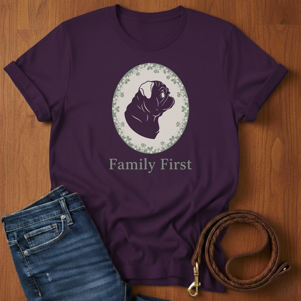 Family First Pug T-Shirt — close-up — Always My Dog