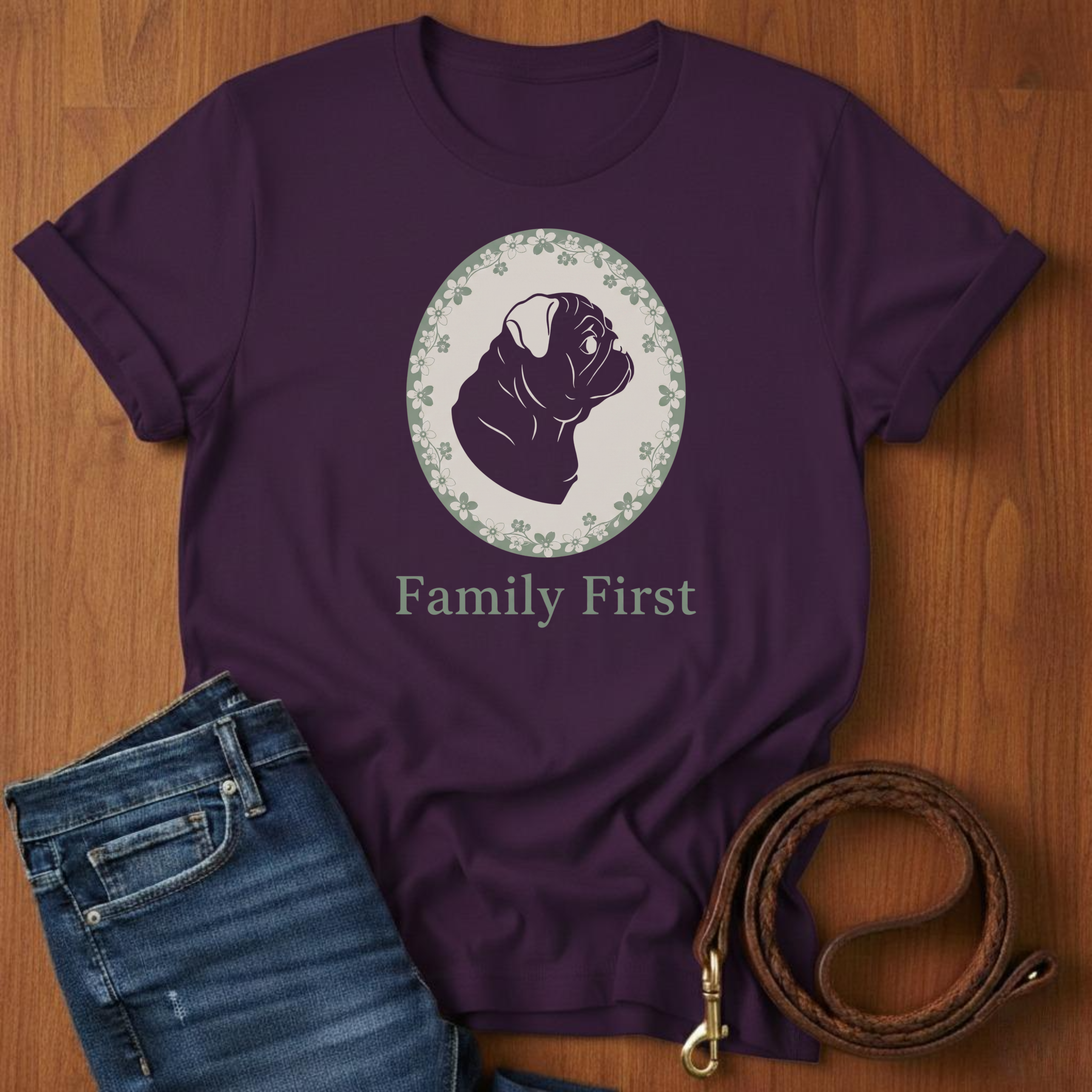 Family First Pug T-Shirt — close-up — Always My Dog