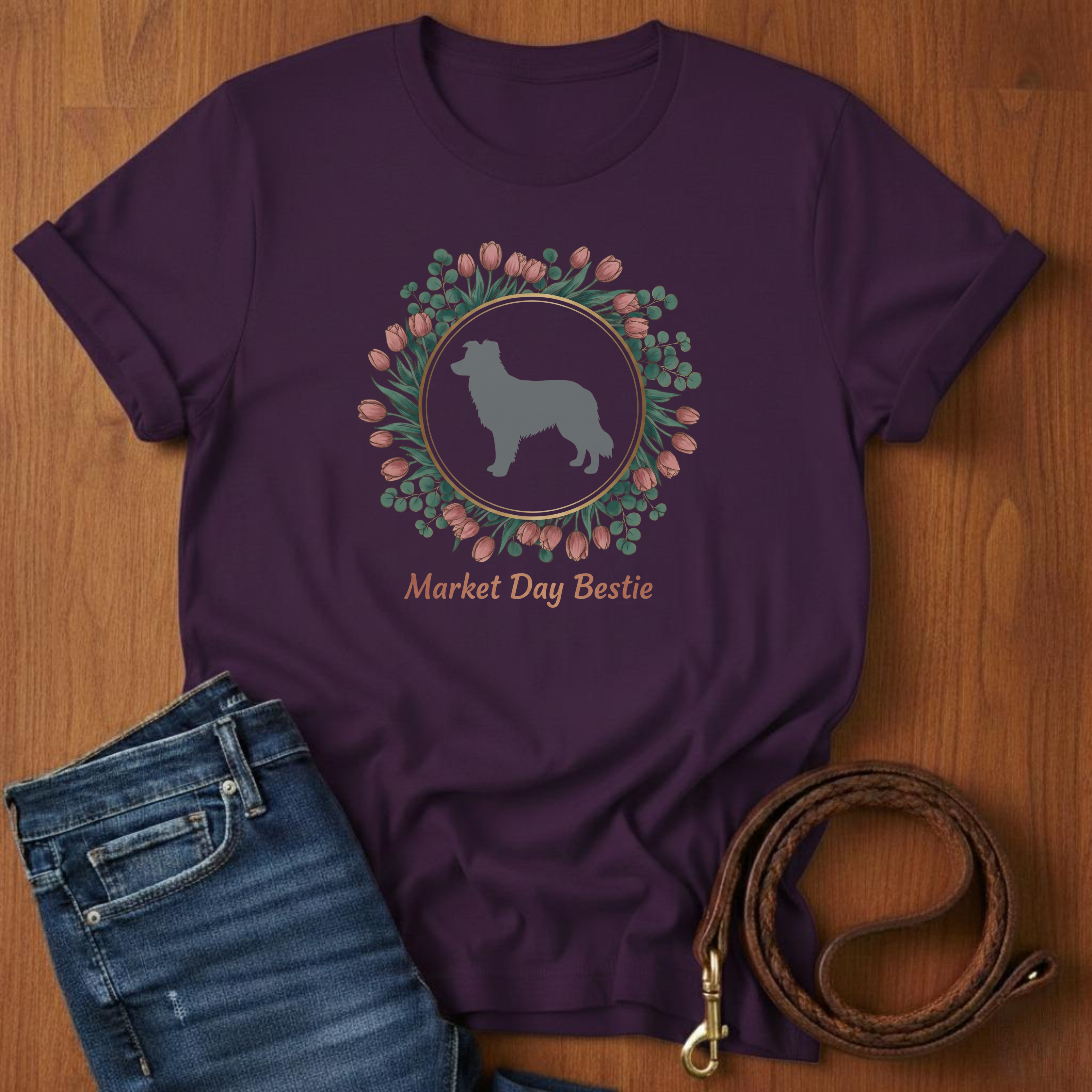 Market Day Bestie Border Collie T-Shirt — close-up — Always My Dog