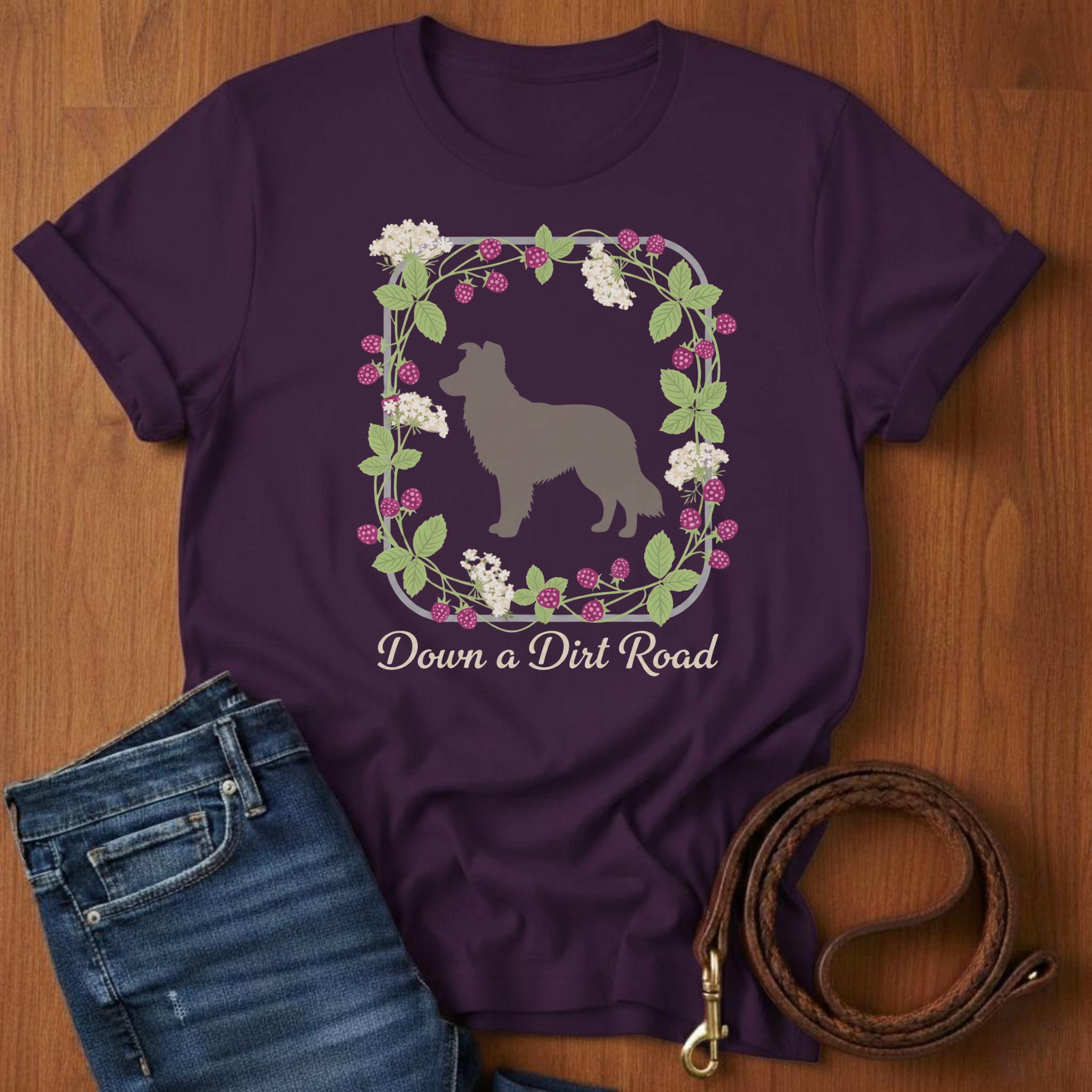 Down a Dirt Road Border Collie T-Shirt — close-up — Always My Dog