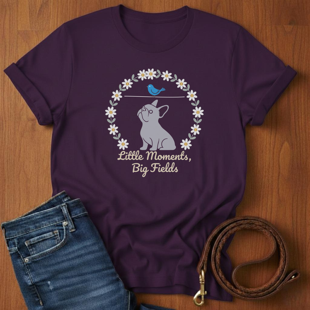 Little Moments, Big Fields French Bulldog T-Shirt — close-up — Always My Dog