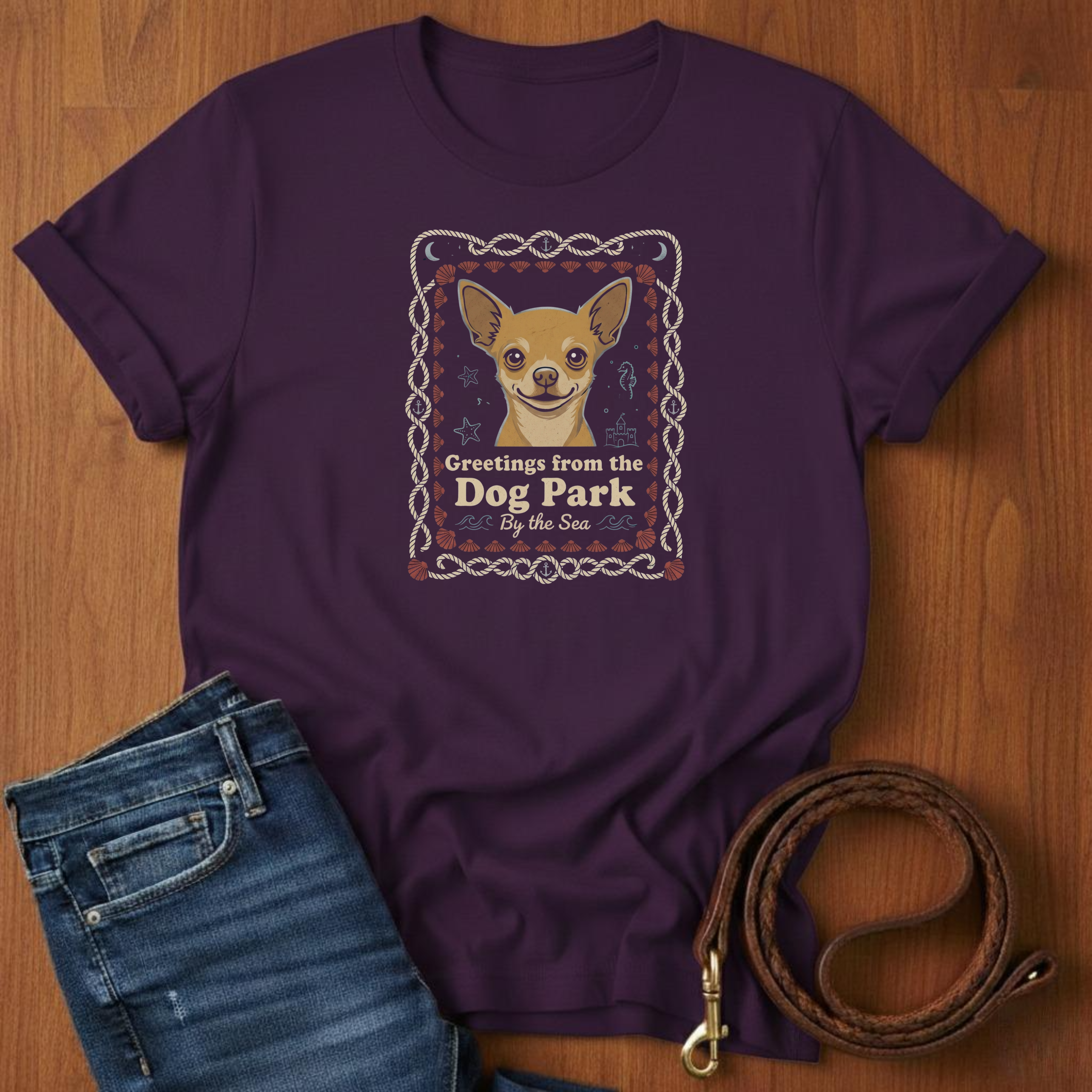 Greetings From The Dog Park By The Sea T-Shirt — detail view — Always My Dog