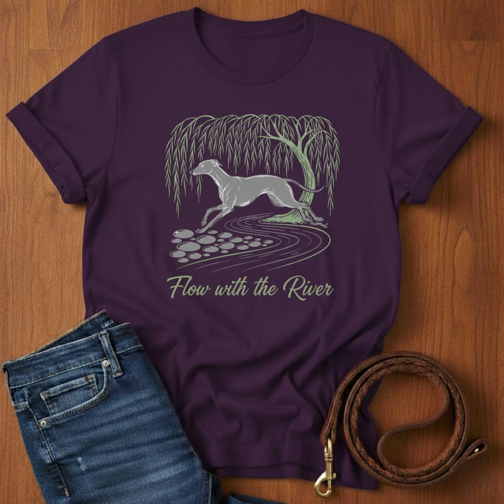 Flow With The River Greyhound T-Shirt — detail view — Always My Dog