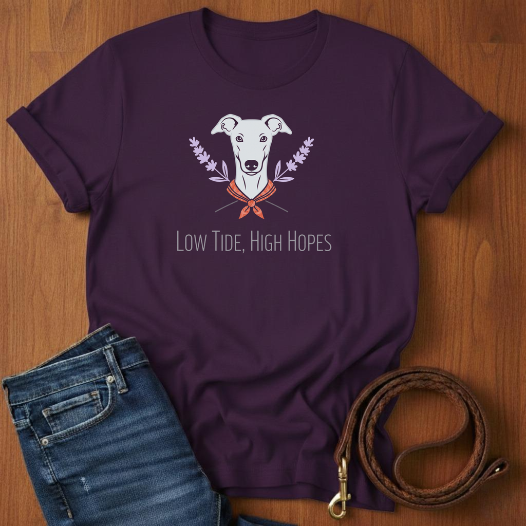 Low Tide.  High Hopes Greyhound T-Shirt — close-up — Always My Dog