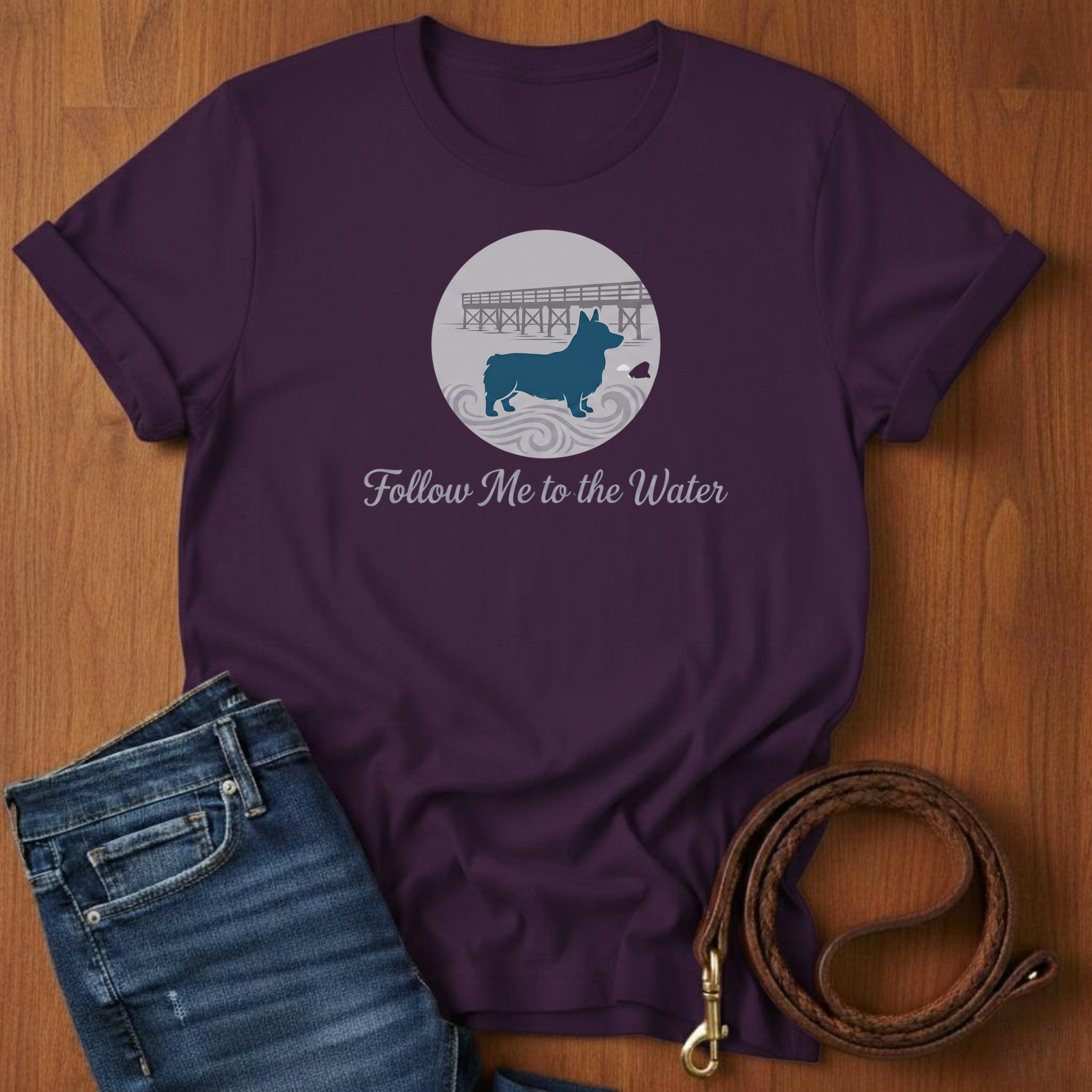 Follow Me To The Water Corgi T-Shirt — close-up — Always My Dog