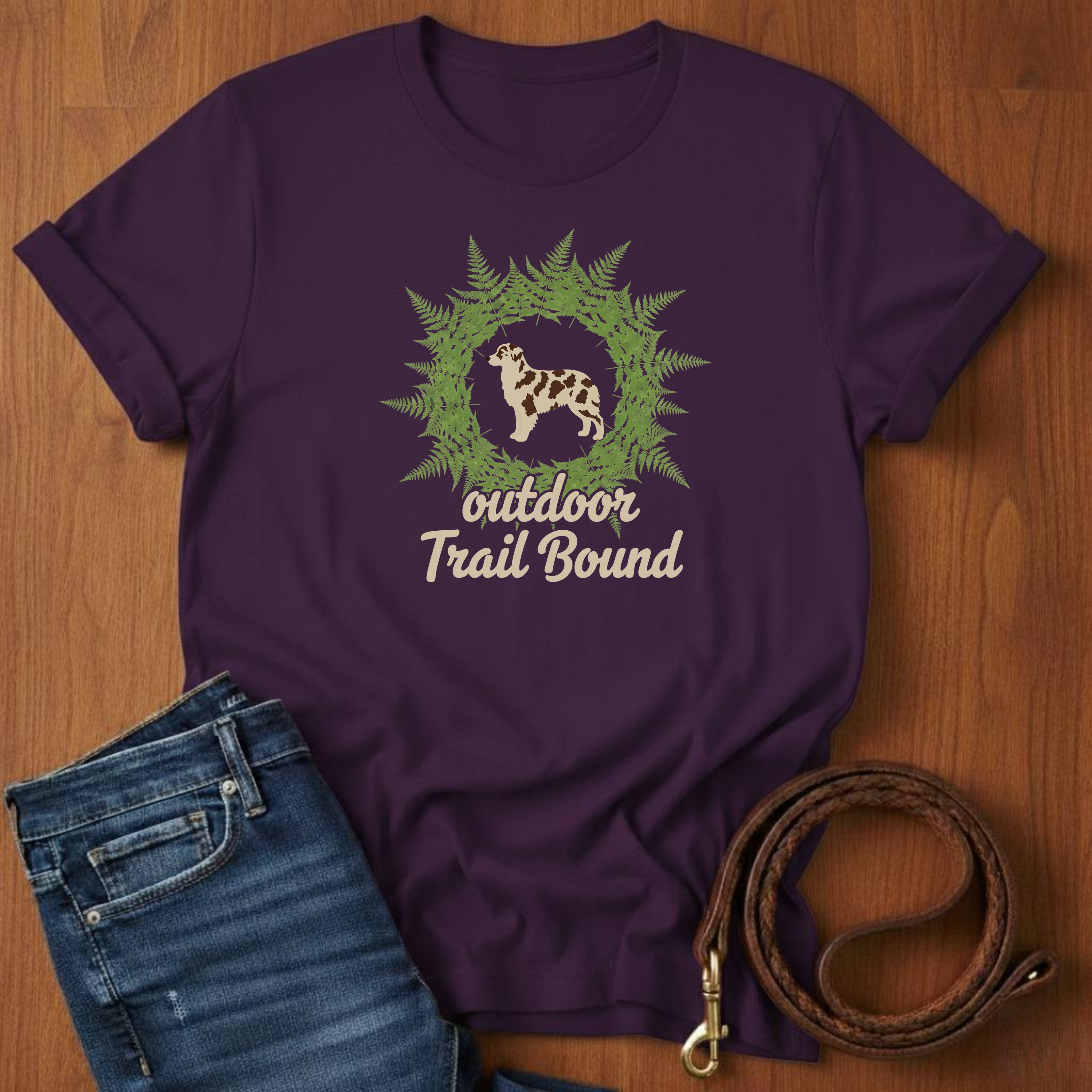Outdoor Trail Bound Australian Shepherd T-Shirt — detail view — Always My Dog