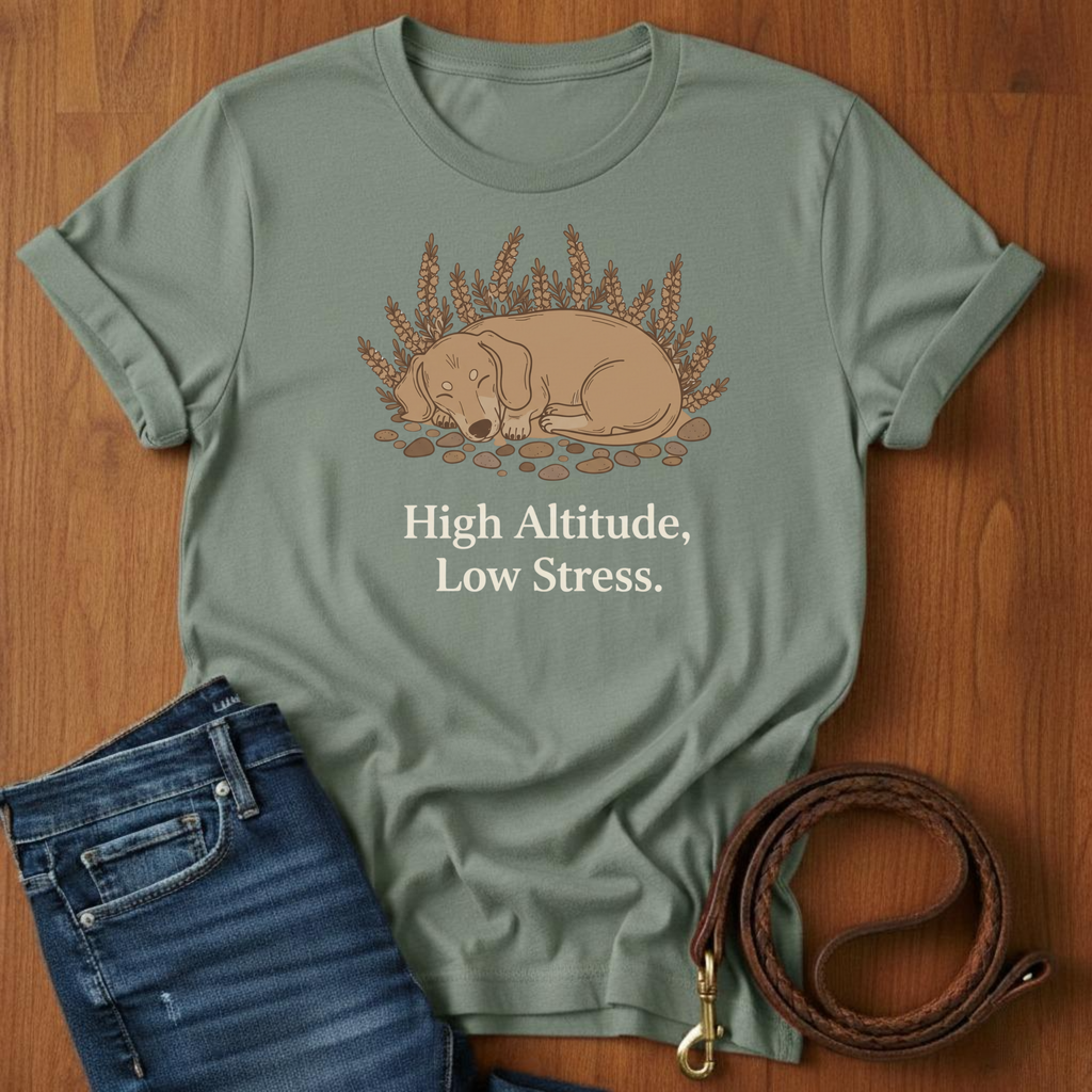 High Altitude, Low Stress T-Shirt — lifestyle shot — Always My Dog