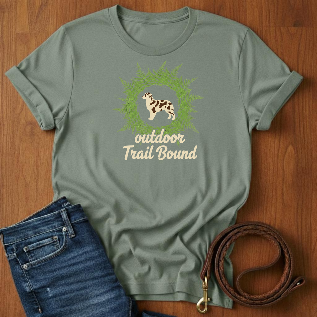 Outdoor Trail Bound Australian Shepherd T-Shirt — lifestyle shot — Always My Dog