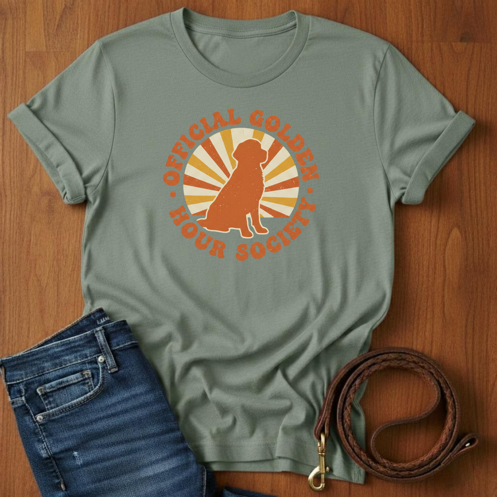 Official Golden Hour Society Golden Retriever T-Shirt — lifestyle shot — Always My Dog