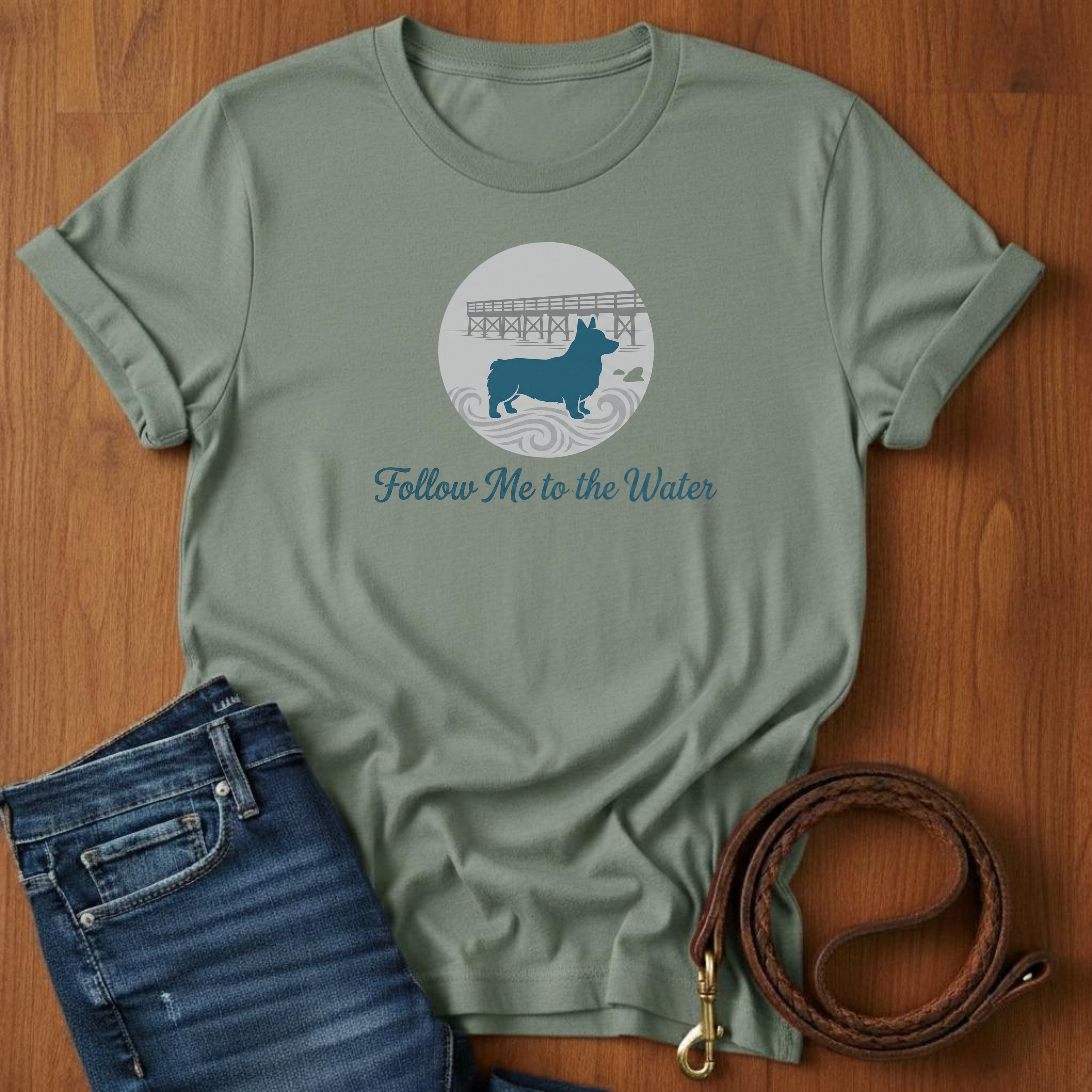 Follow Me To The Water Corgi T-Shirt — lifestyle shot — Always My Dog