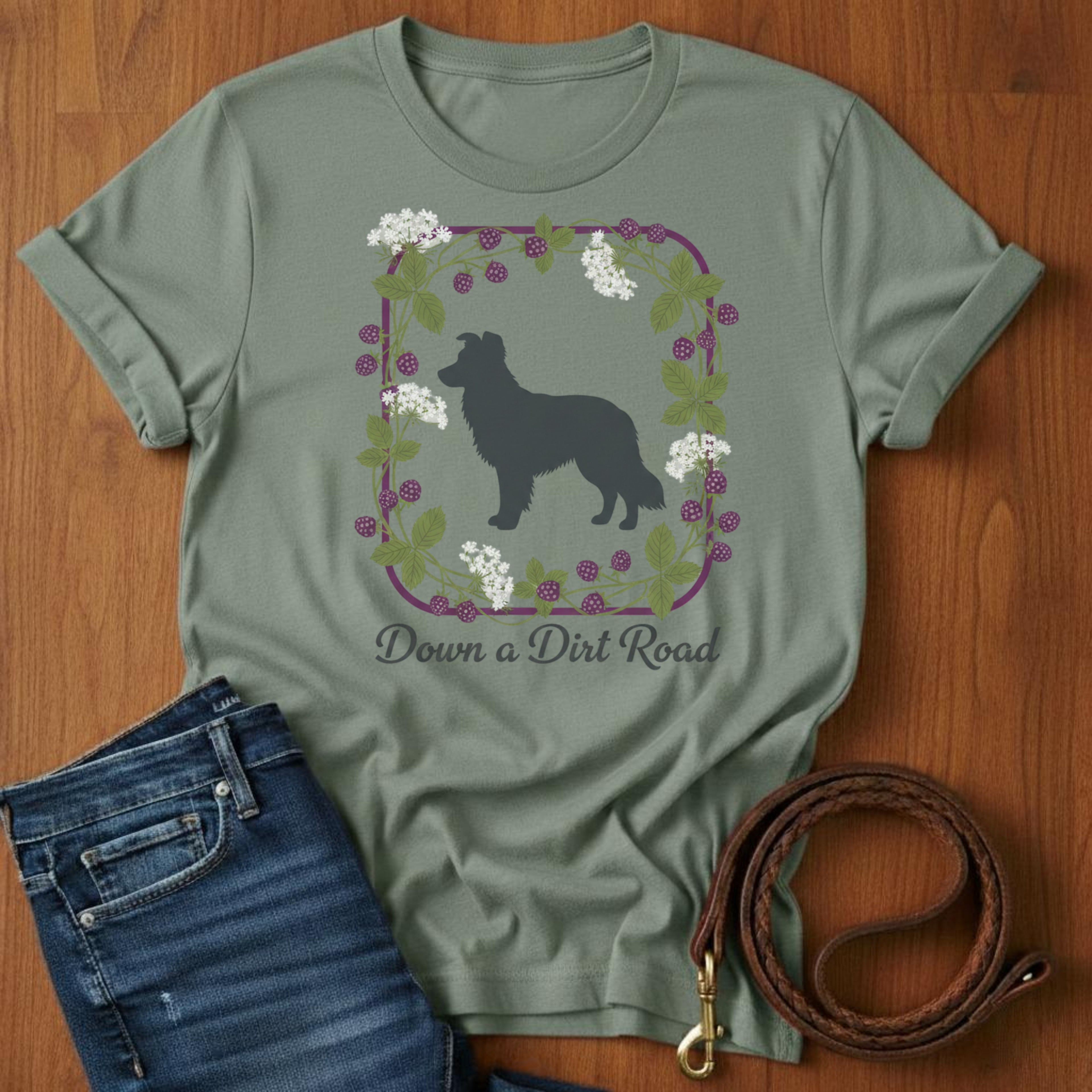 Down a Dirt Road Border Collie T-Shirt — lifestyle shot — Always My Dog