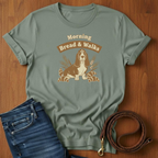 Morning Bread and Walks Basset Hound T-Shirt — lifestyle shot — Always My Dog