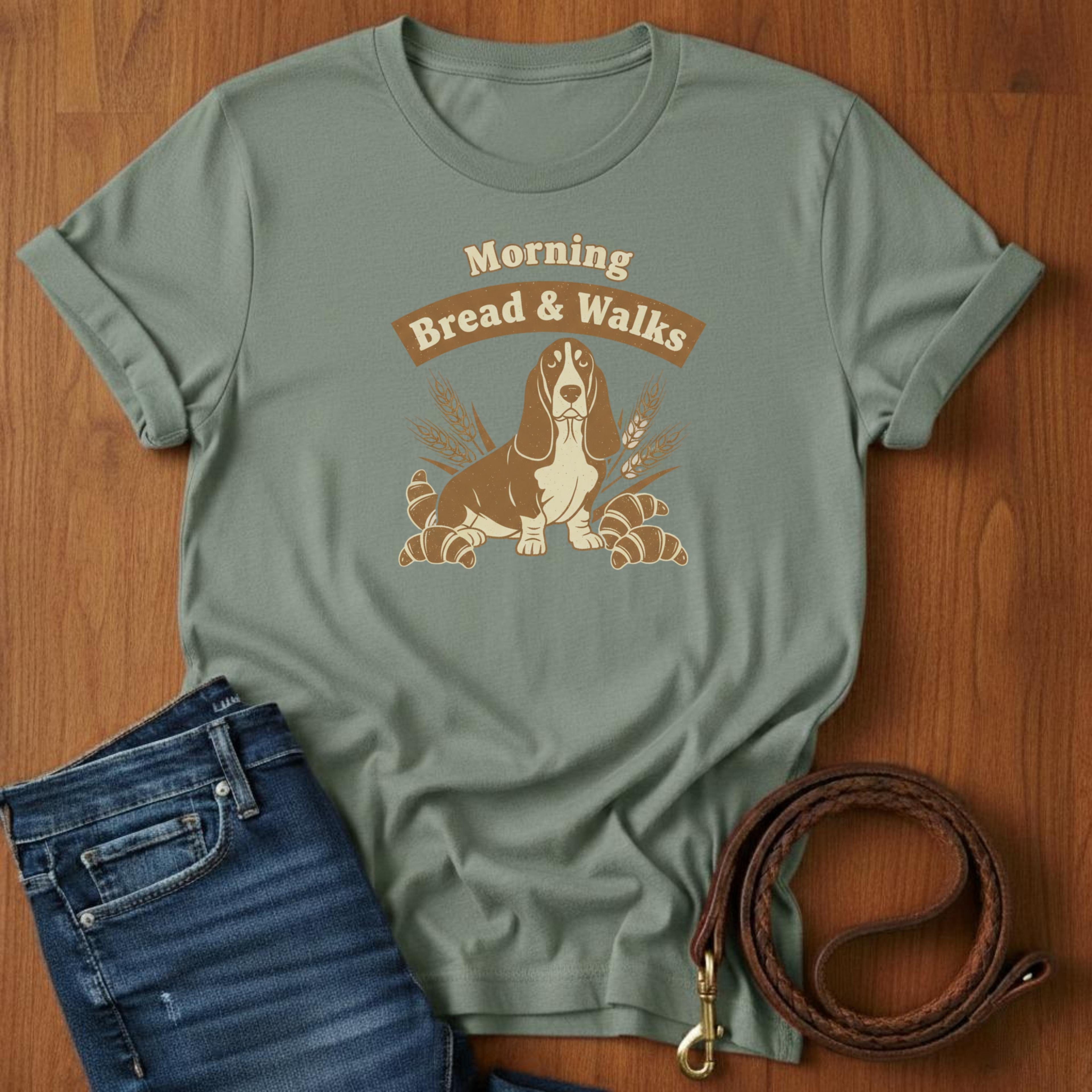 Morning Bread and Walks Basset Hound T-Shirt — lifestyle shot — Always My Dog