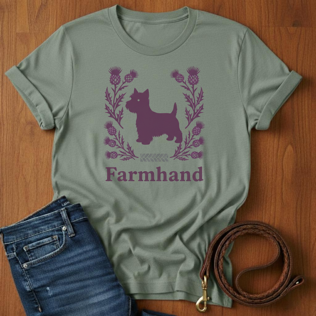 Scottish Terrier Farmhand T-Shirt — lifestyle shot — Always My Dog