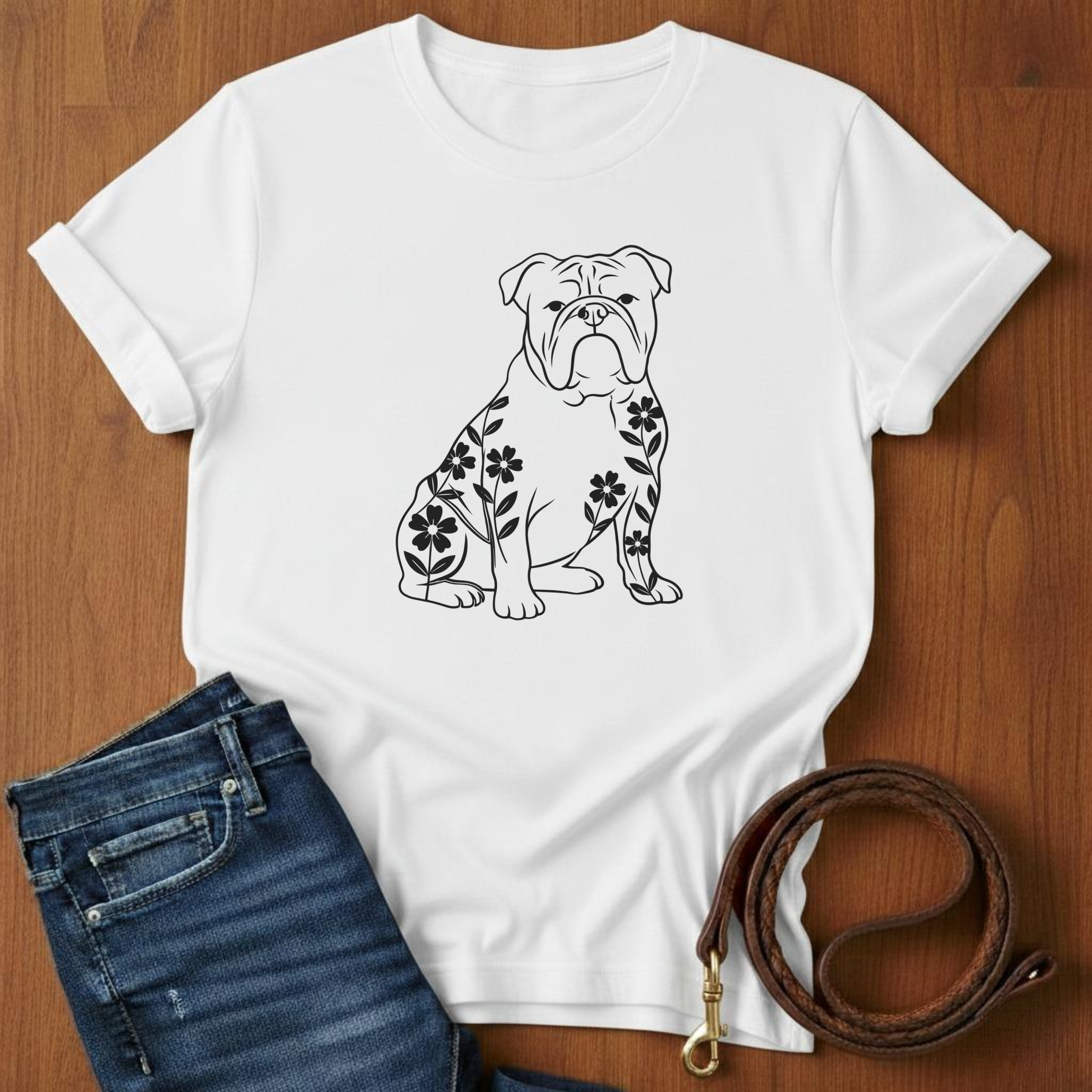 English Bulldog And Flowers T-Shirt — alternate color — Always My Dog