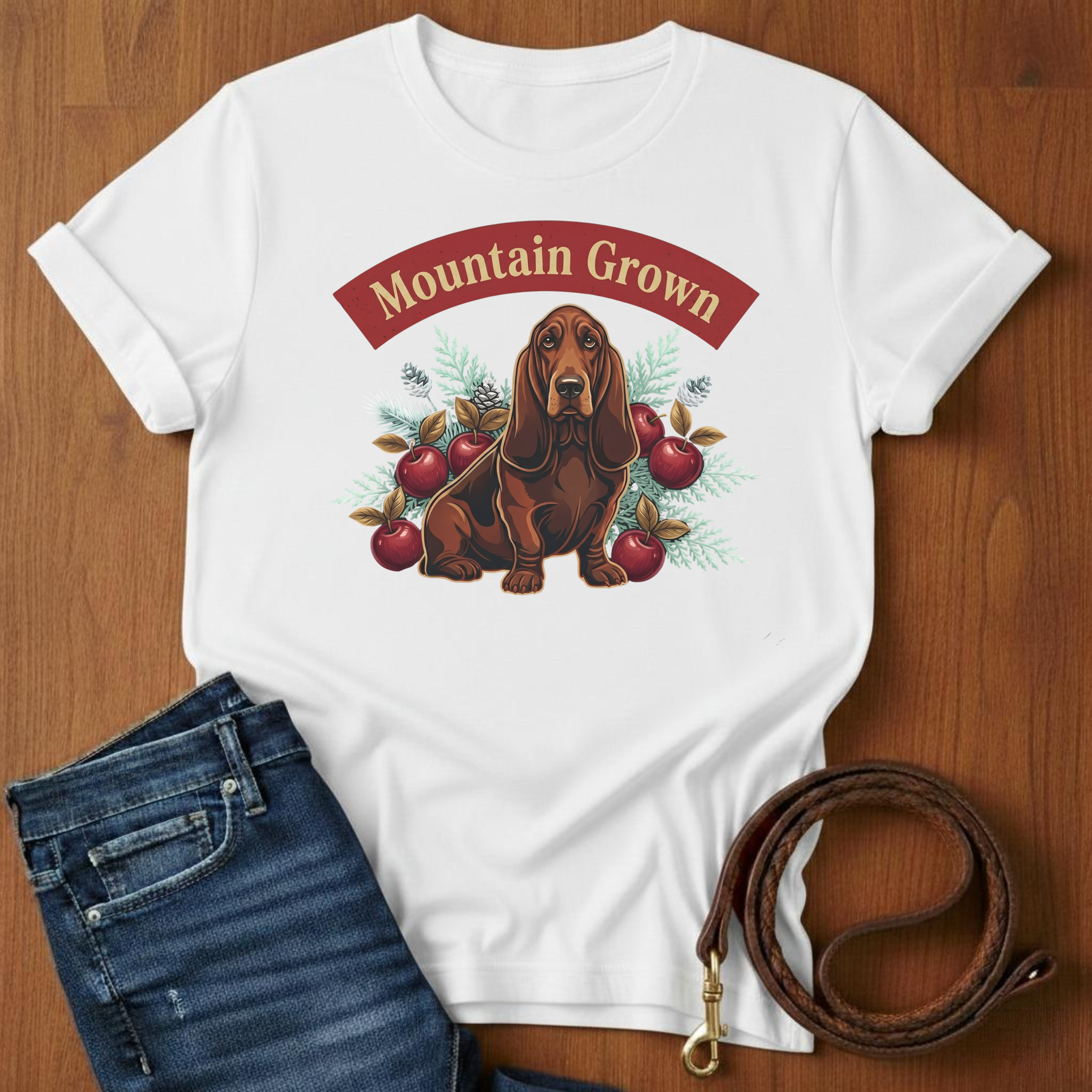 Mountain Grown Basset Hound T-Shirt — lifestyle shot — Always My Dog
