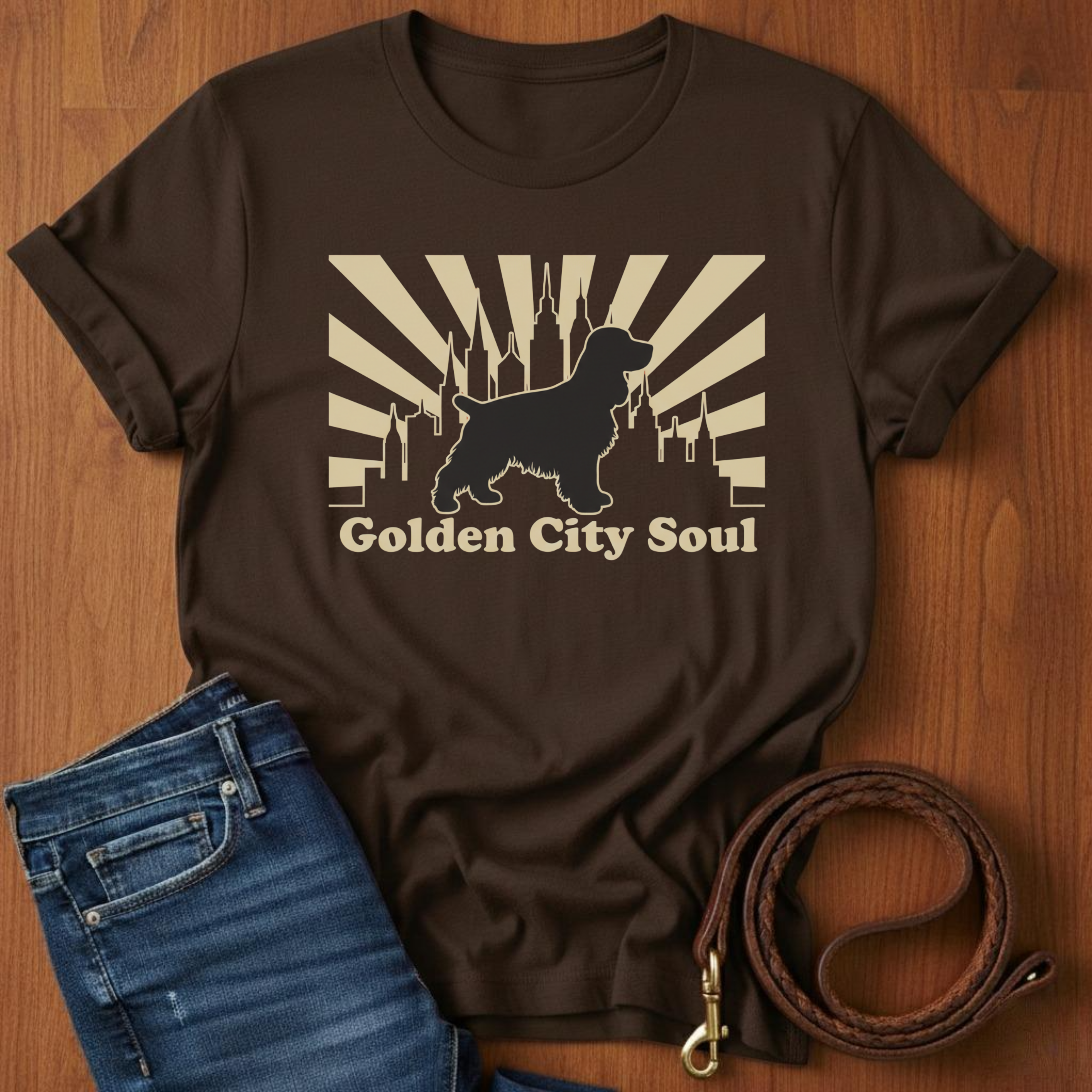 Golden City Soul Spaniel T-Shirt — close-up — Always My Dog