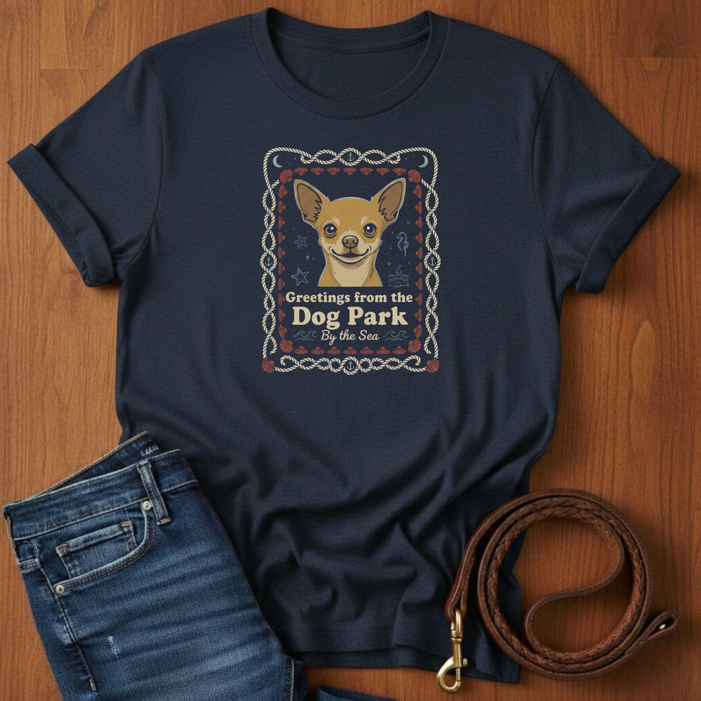 Greetings From The Dog Park By The Sea T-Shirt — detail view — Always My Dog