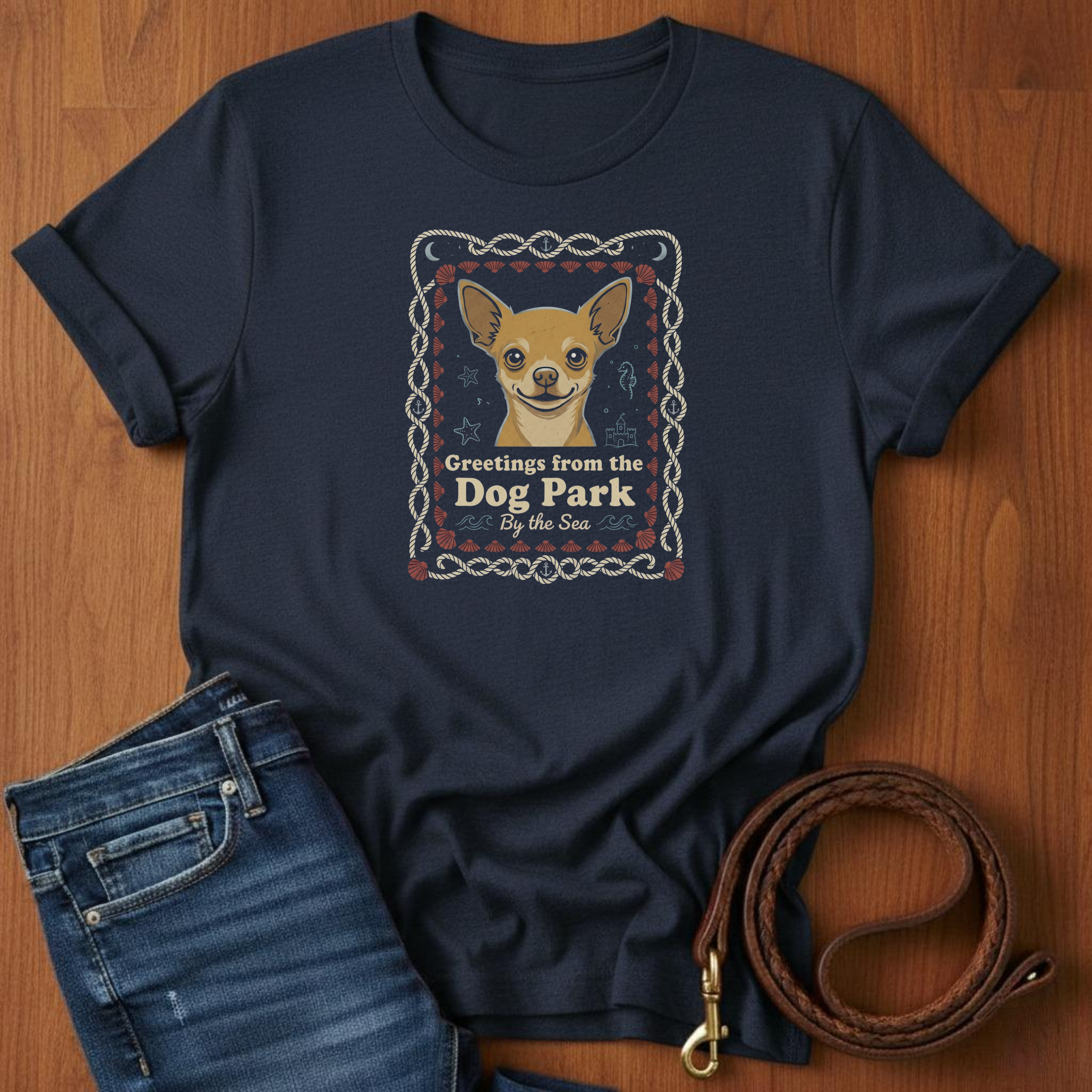 Greetings From The Dog Park By The Sea T-Shirt — detail view — Always My Dog