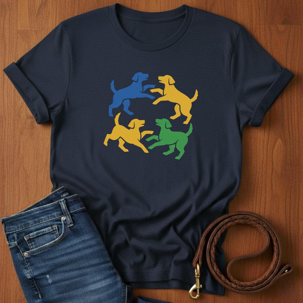 Four Dogs Playing T-Shirt — detail view — Always My Dog