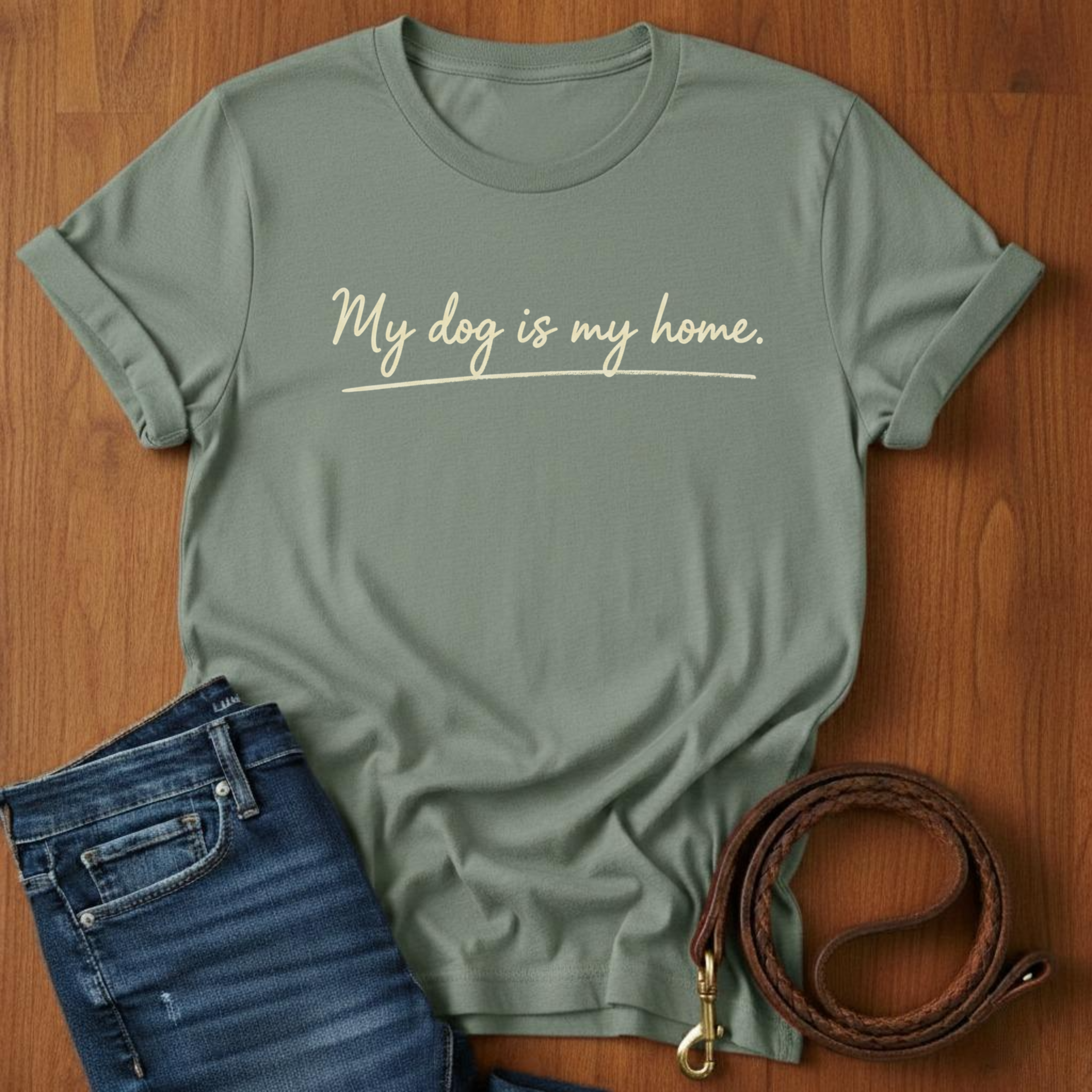 My Dog Is My Home Script T-Shirt — lifestyle shot — Always My Dog